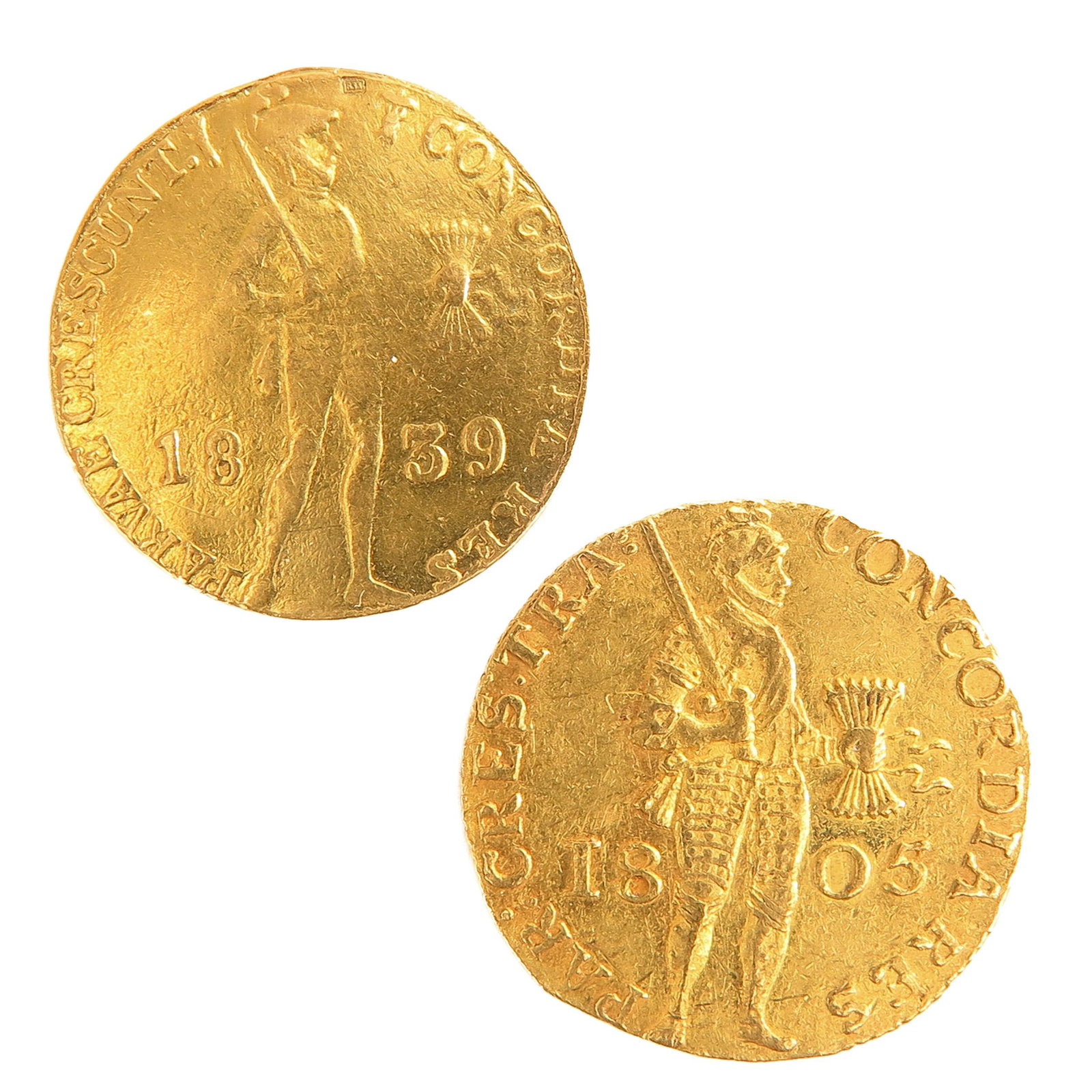 A Lot of 2 Gold Coins: Including Gold Ducat from 1805 and 1839, largest coin is 22 mm. in diameter, total weight is 6.9 grams.
