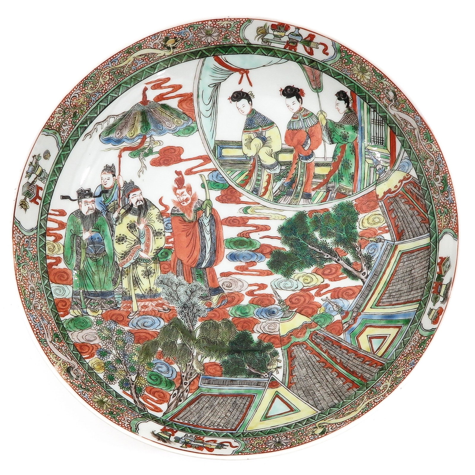 A Famille Verte Charger: Depicting gathering of Chinese figures, 34 cm. in diameter.