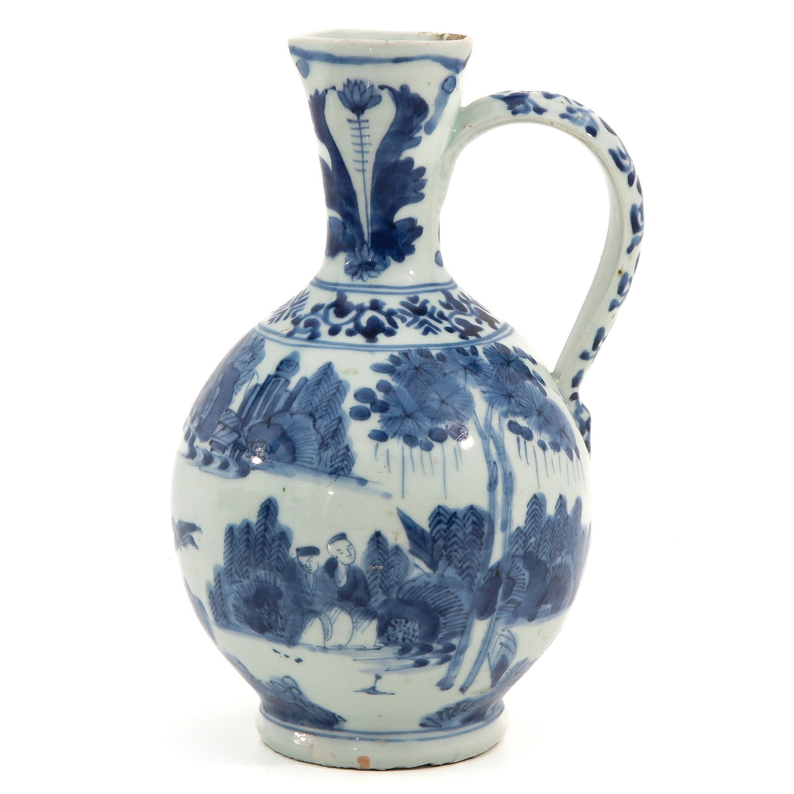 A Blue and White Arita Pitcher: Depicting scene in garden with Chinese figures, 28 cm. tall, restored.