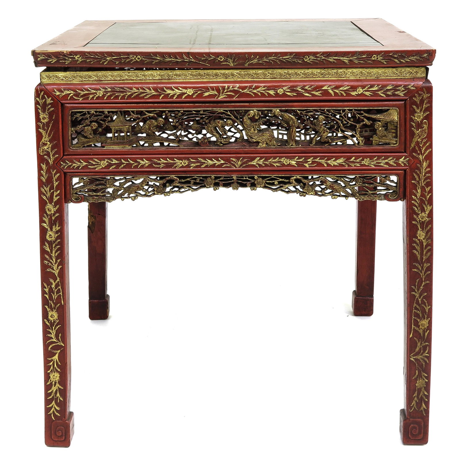 Table: China, with carvings, 80 x 80 x 83 cm. This lot will not be shipped by us.
