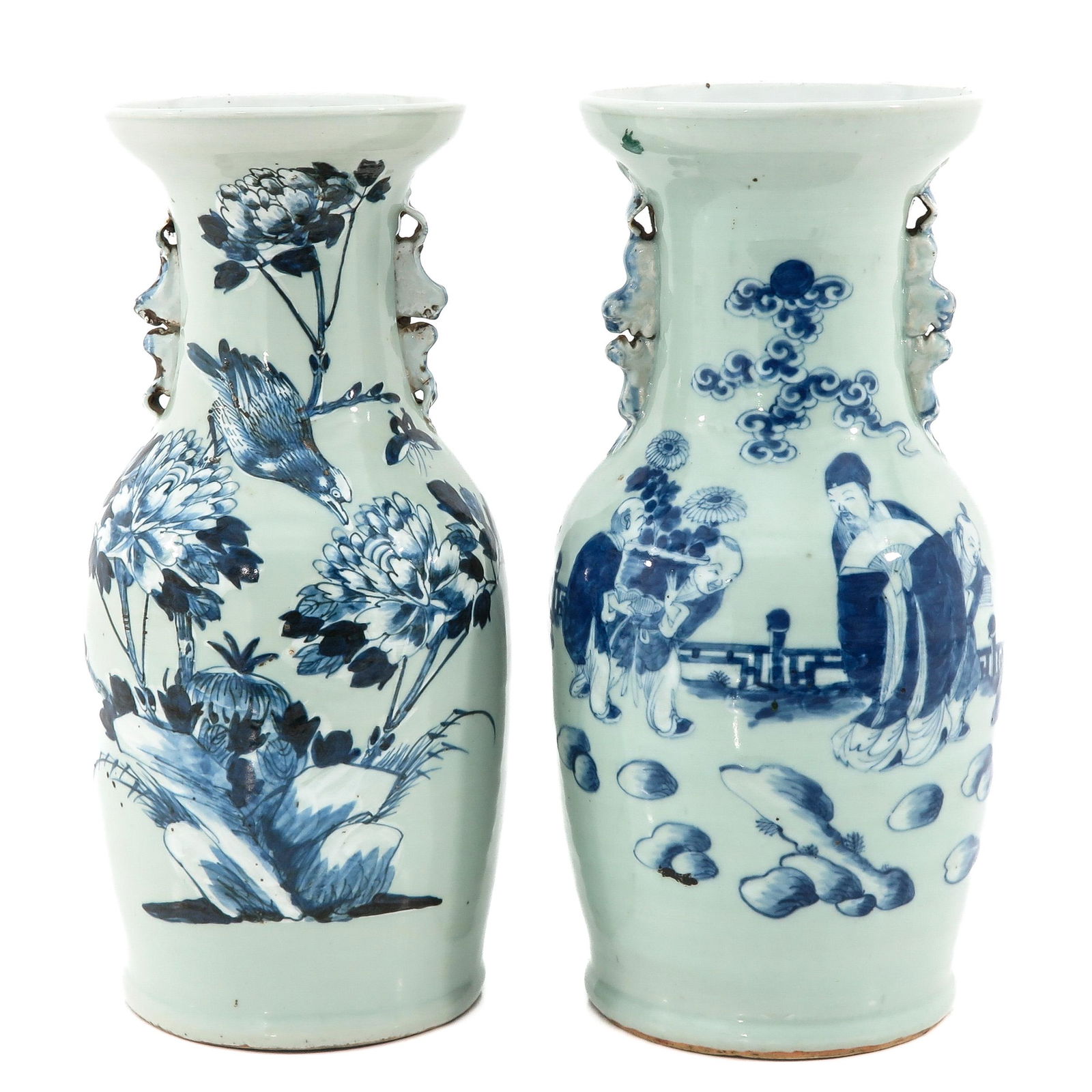 A Lot of 2 Celadon and Blue and Vases: Celadon ground decorated with peonies and birds along with another celadon ground vase decorated with Chinese figures in garden, both vases are 43 cm. tall.