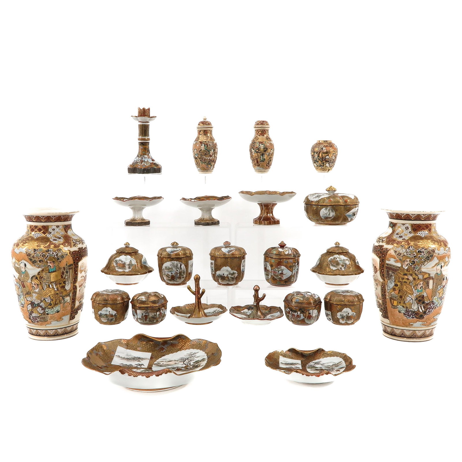 A Large Collection of Satsuma Porcelain: 23 pieces, tallest vase is 24 cm., in diverse conditions.