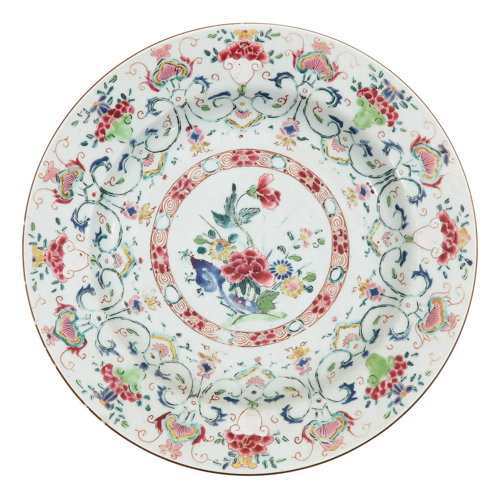 A Famille Rose Plate: Floral decor, 18th Century, 31 cm. in diameter, chip.