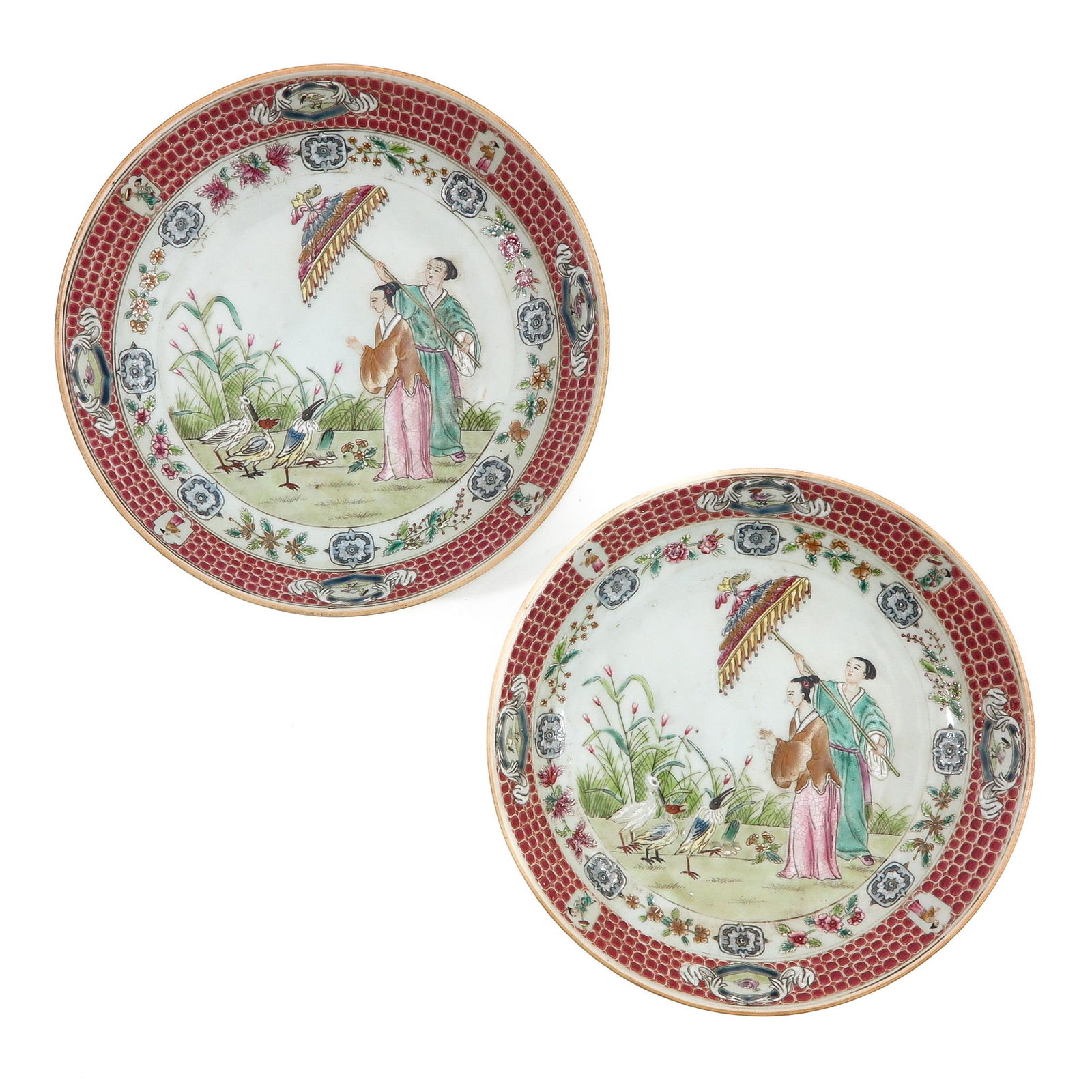 A Pair of Famille Rose Umbrella Ladies Plates (1 of 9)