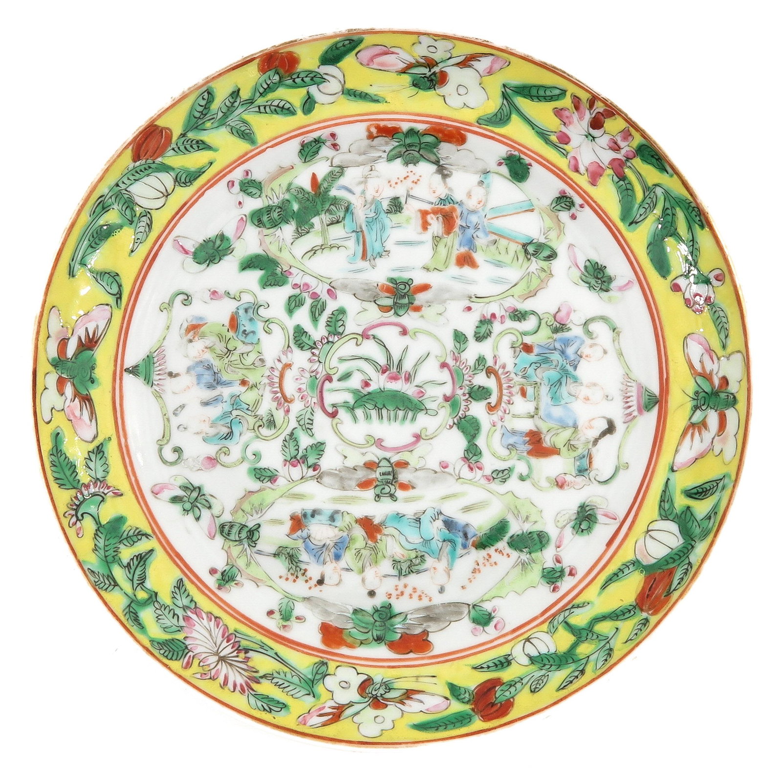 A Cantonese Famille Rose Plate: Decorated with flowers and Chinese figures, 12 cm. in diameter.