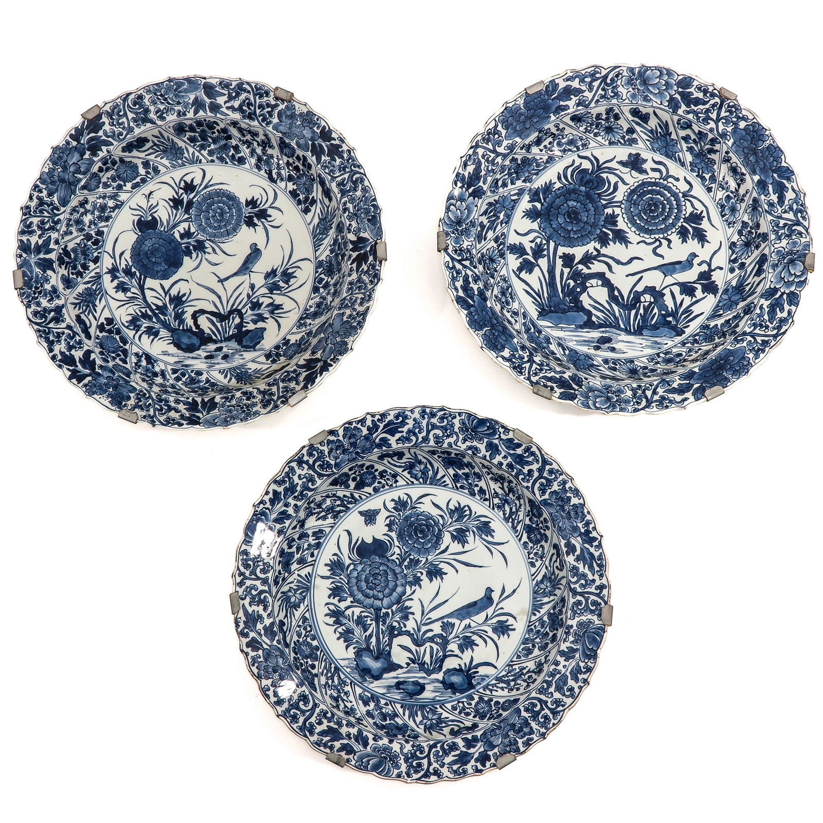 A Series of 3 Blue and White Peony and Bird Chargers (1 of 10)