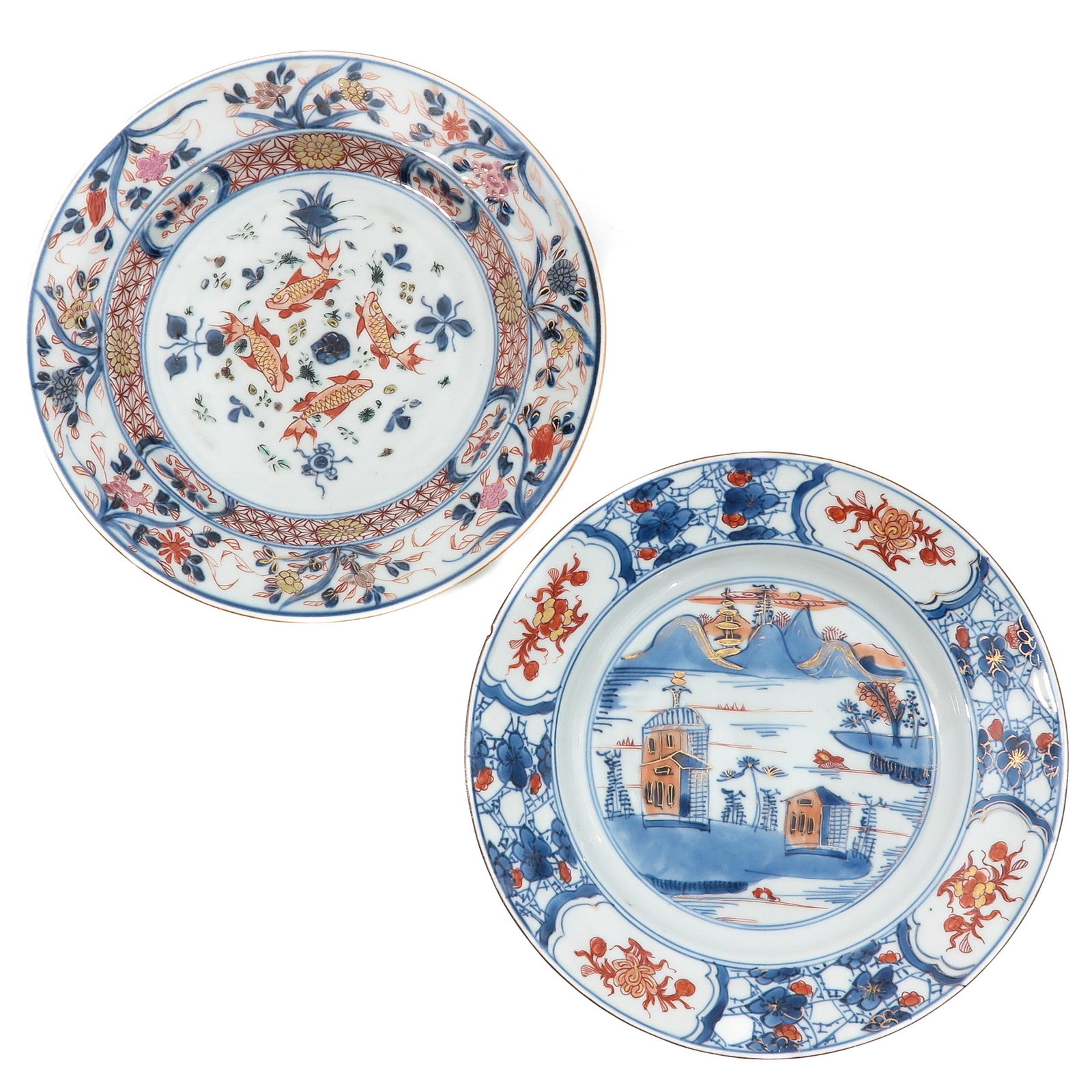A Lot of 2 Plates: Both decorated in iron red, blue and gilt enamels, depicting landscape and karp, 18th Century, 22 cm. in diameter, chip.
