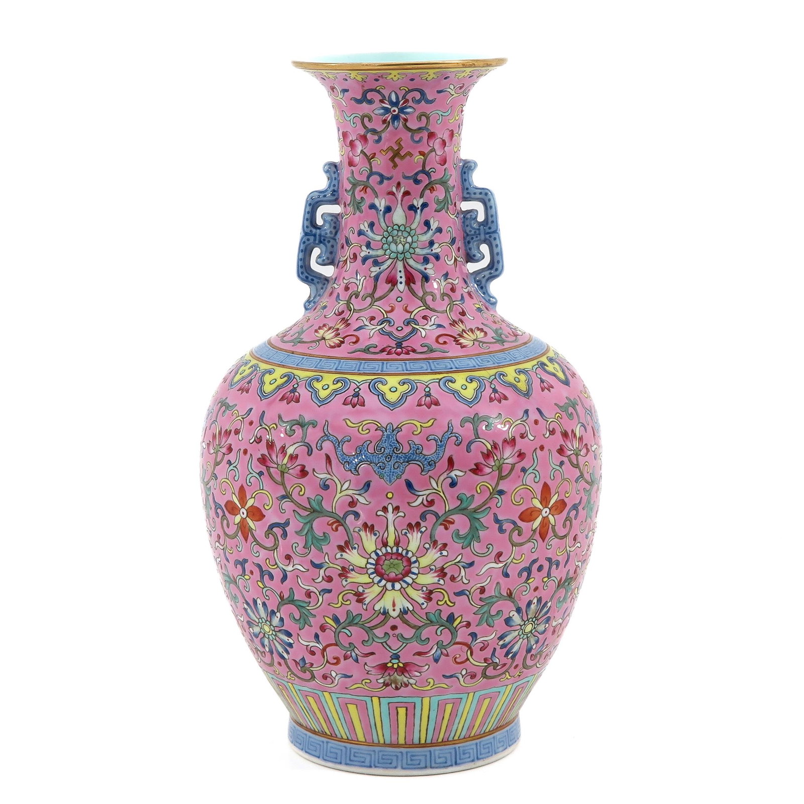 A Famille Rose Vase: Pink ground decorated with flowers and bats in Famille Rose enamels, Qianlong mark, 30 cm. tall.
