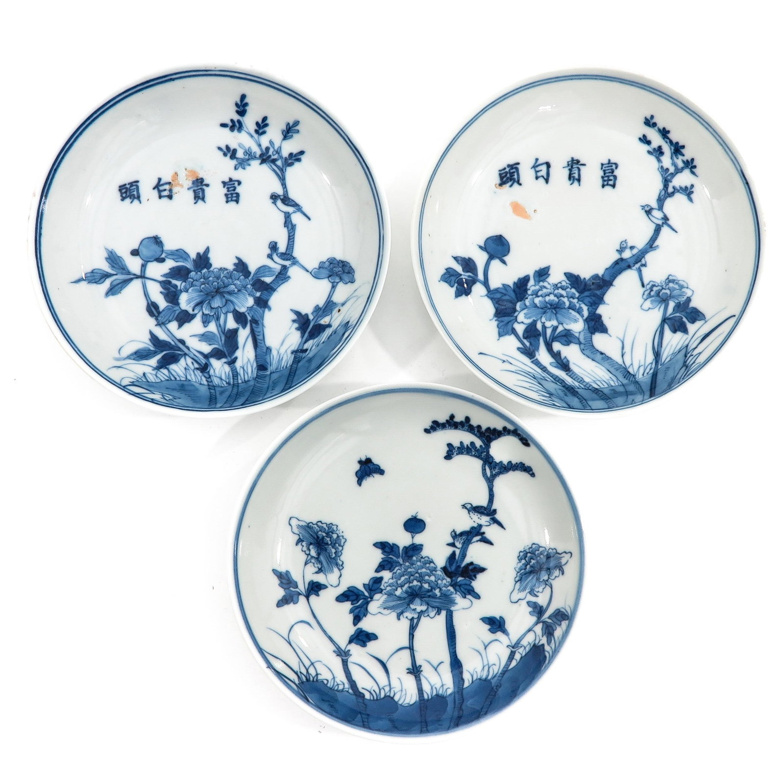 A Collection of 3 Blue and White Plates: Depicting scenes in garden with flowers and Chinese text, Kangxi mark on bottom, 14 cm. in diameter.