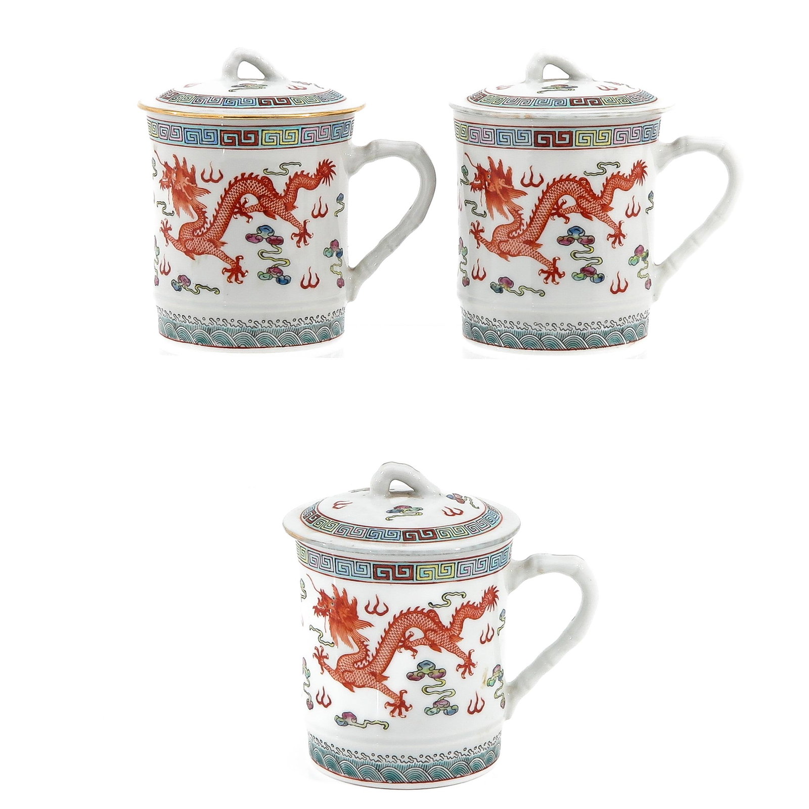 A Set of 3 Dragon Decor Mugs: 11 cm. tall.