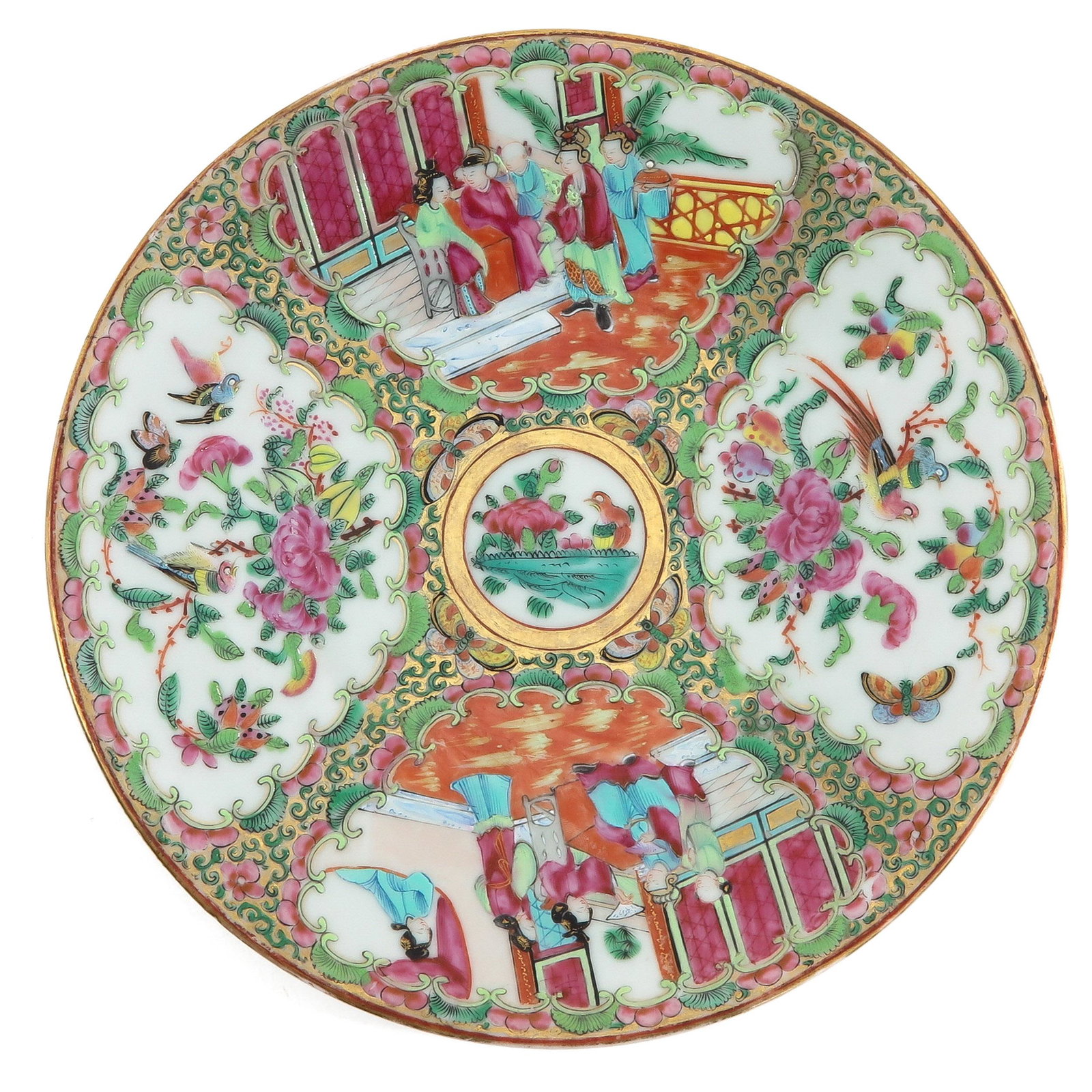 A Cantonese Plate: Depicting Chinese figures, butterflies and birds, 27 cm. in diameter.