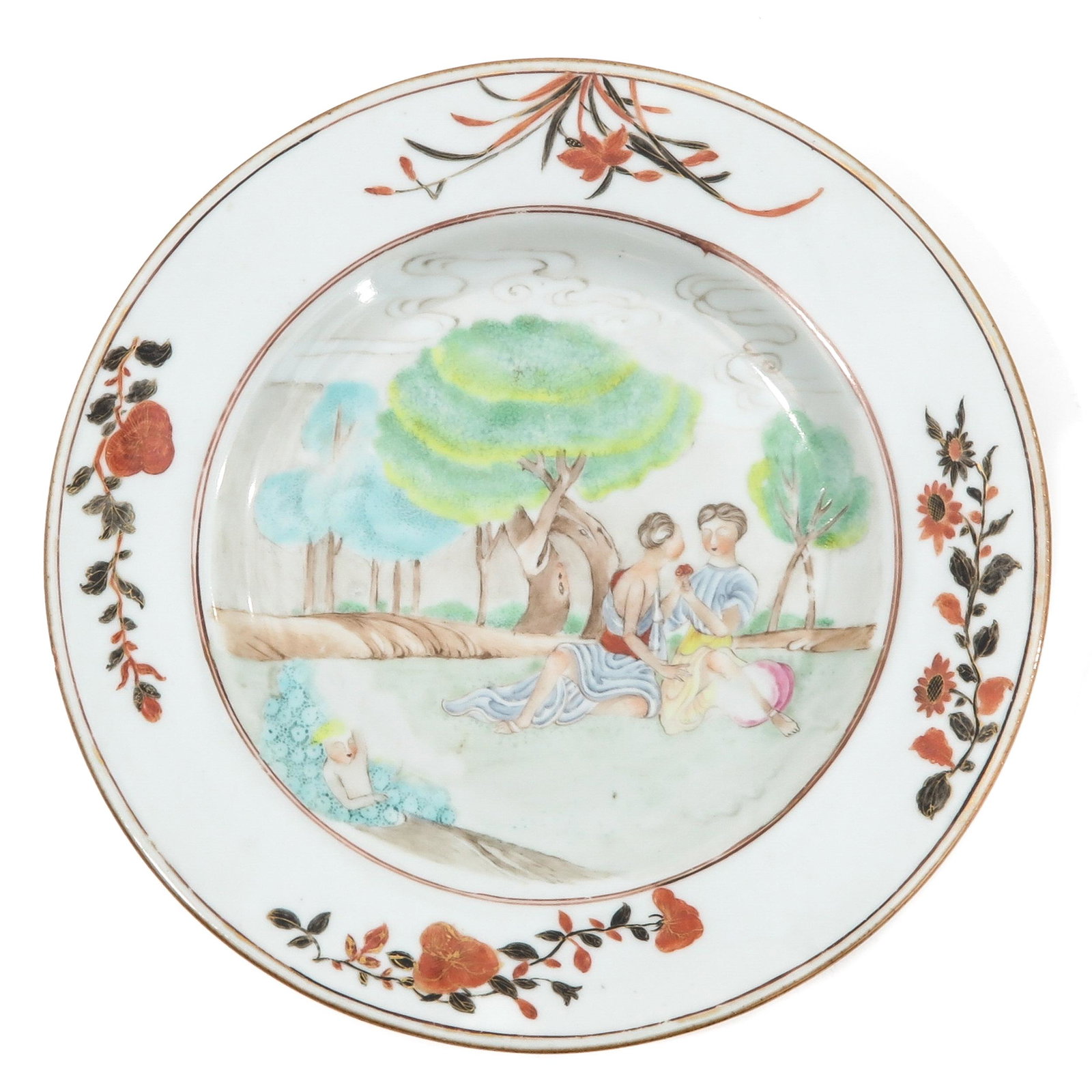A Famille Rose Dish: Depicting European Scene with man and woman in garen, floral decor on border, 23 cm. in diameter, chip.