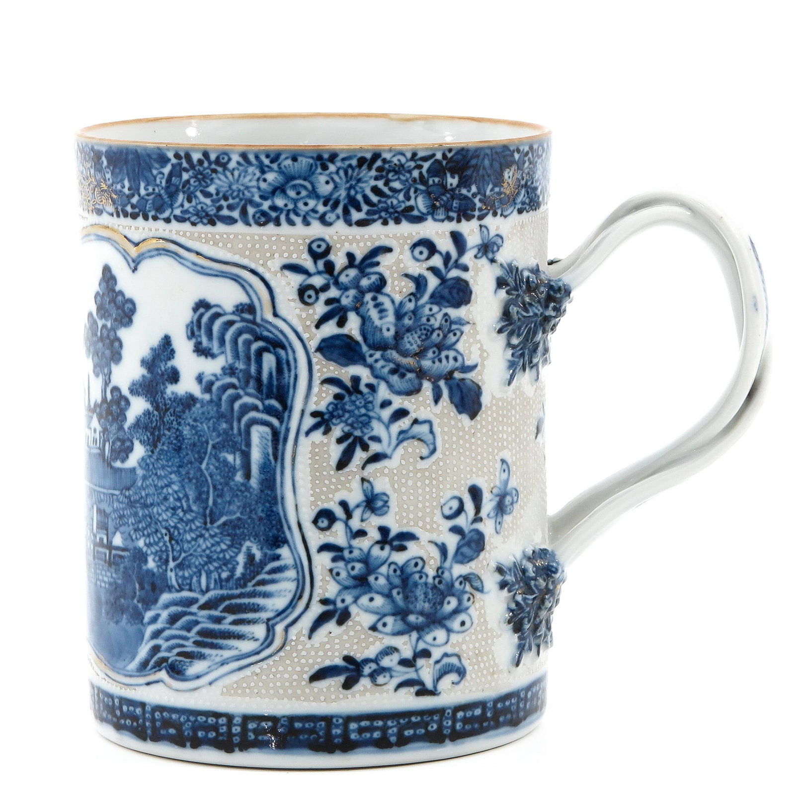 A Blue and White Mug: Landscape decor, 18th Century, 14 cm. tall.