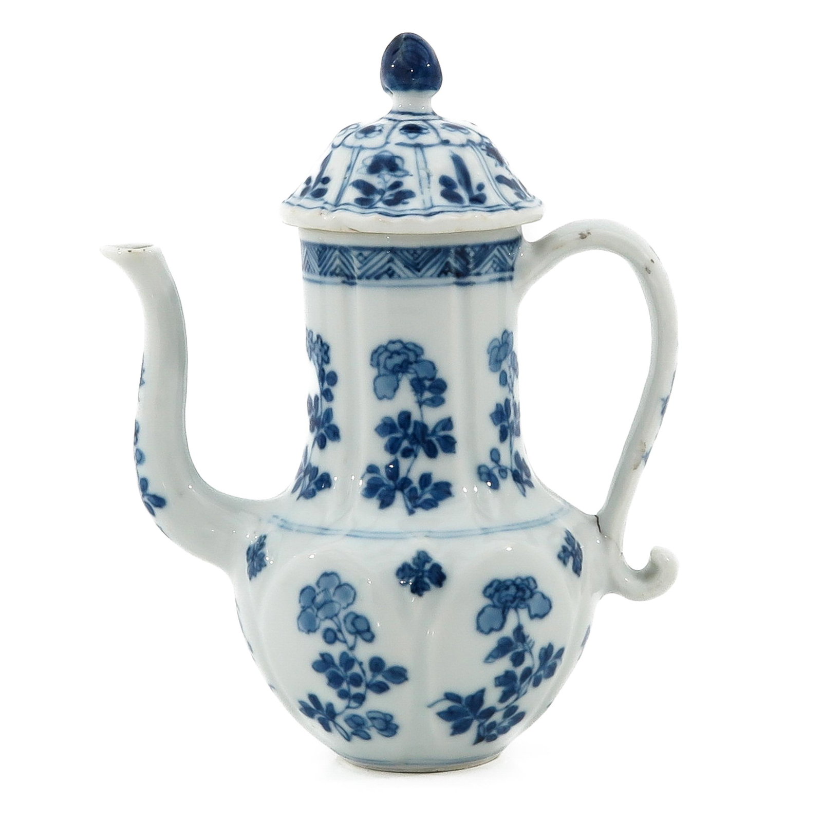 A Blue and White Teapot: Kangxi Period, floral decor, 16 cm. tall, Jiaqing mark.