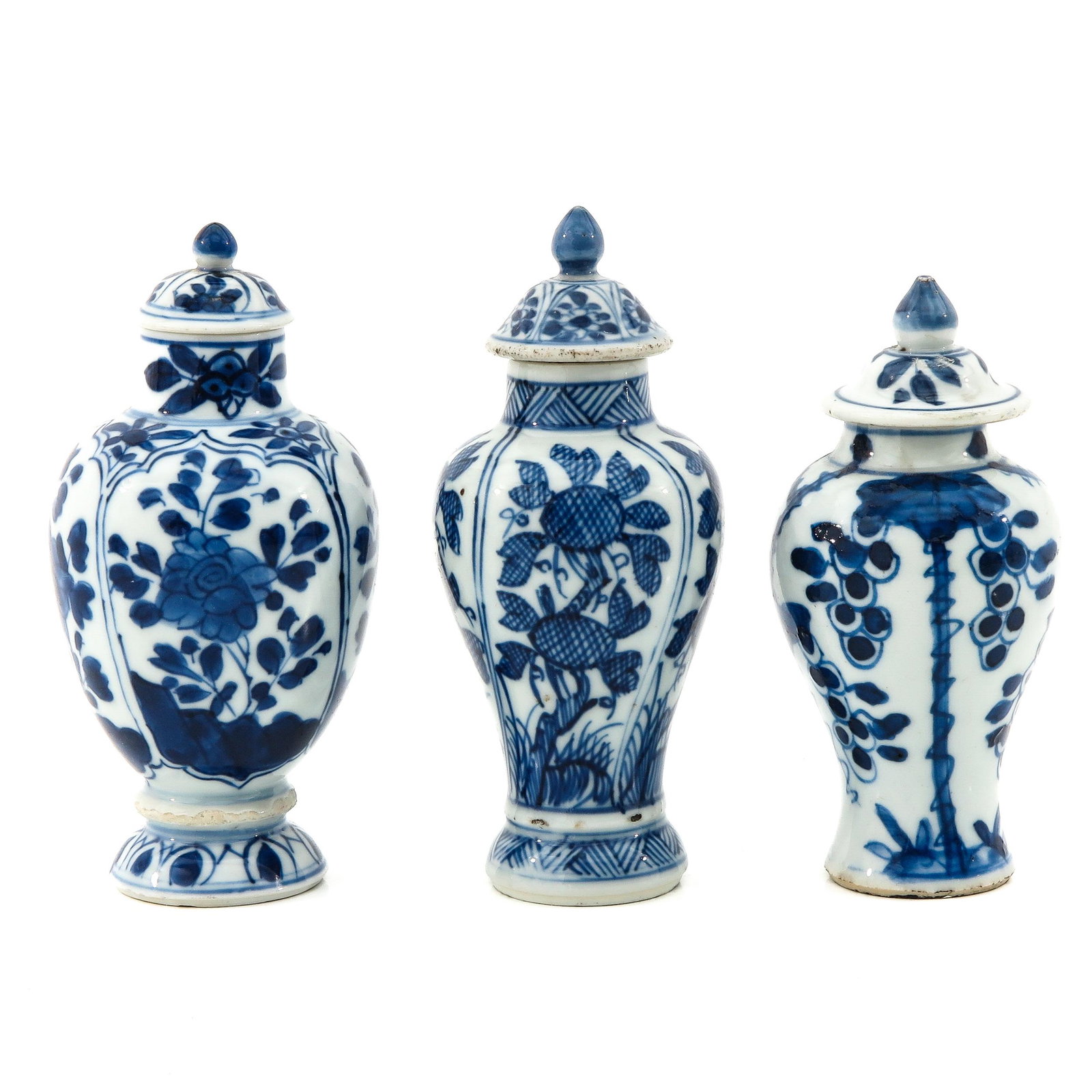A Collection of Miniatures: 3 vases, tallest vase is 13 cm., chip.