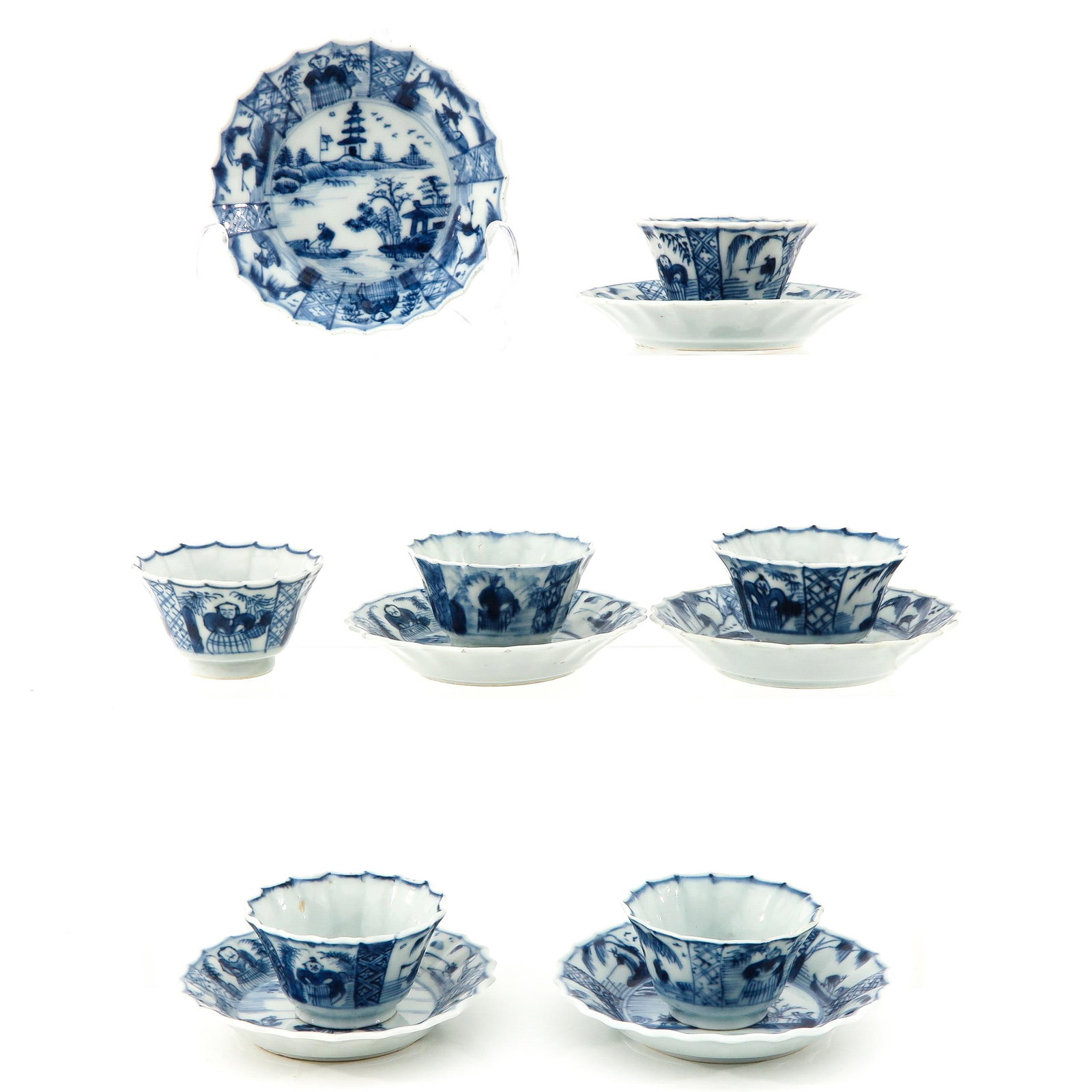 A Series of 6 Blue and White Cups and Saucers: Landscape decor, saucers are 10 cm. in diameter, chip.