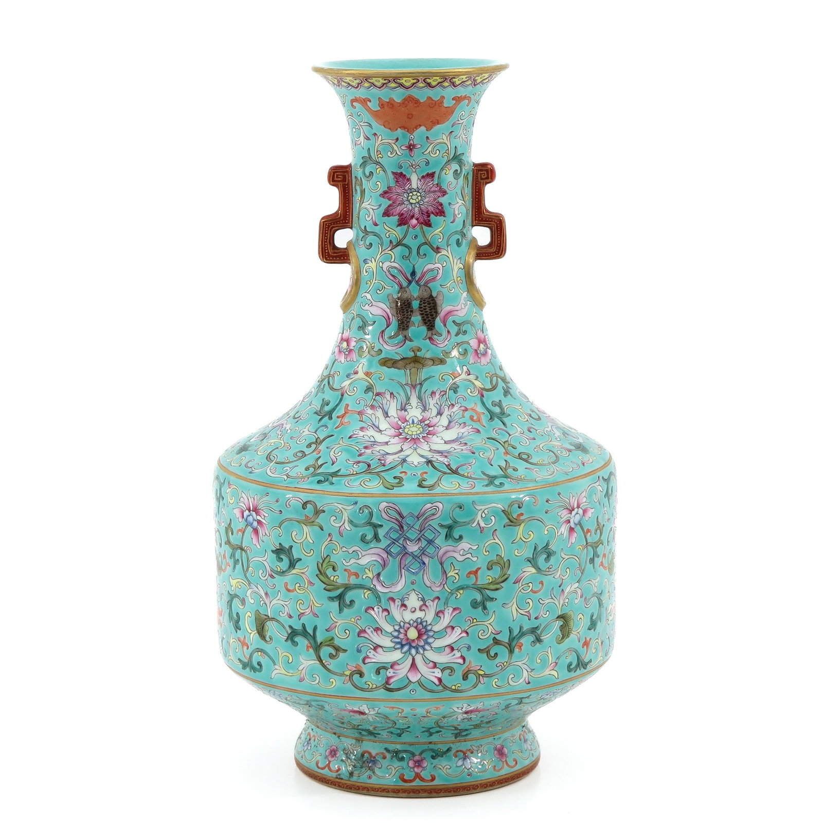 A Famille Rose Vase: Light green ground decorated with flowers and Buddhist symbols, Jiaqing mark, 31 cm. tall.