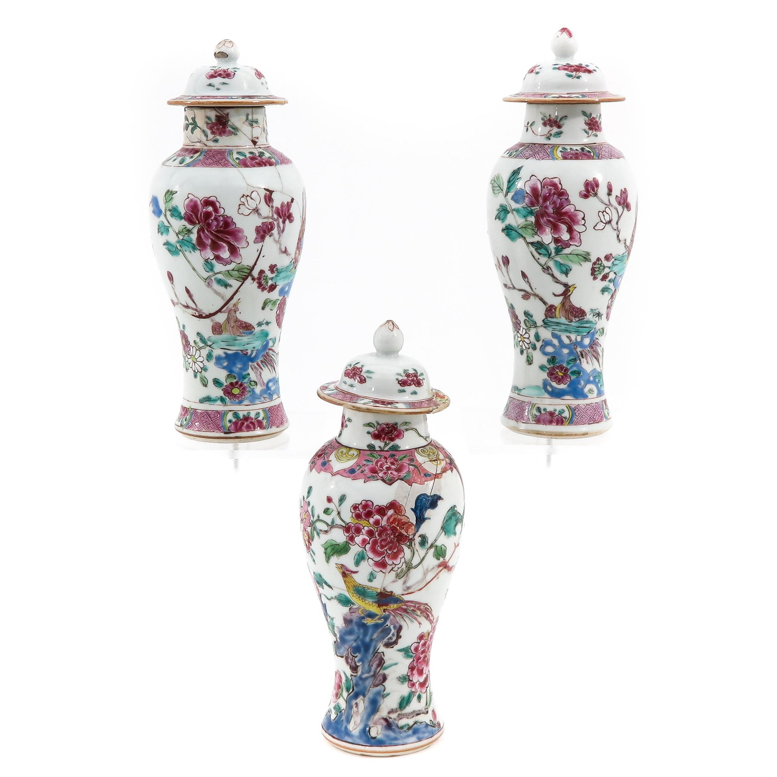 A Collection of 3 Famille Rose Garniture Vases: Depicting roosters in garden, 18th Century, 23 cm. tall, restored.