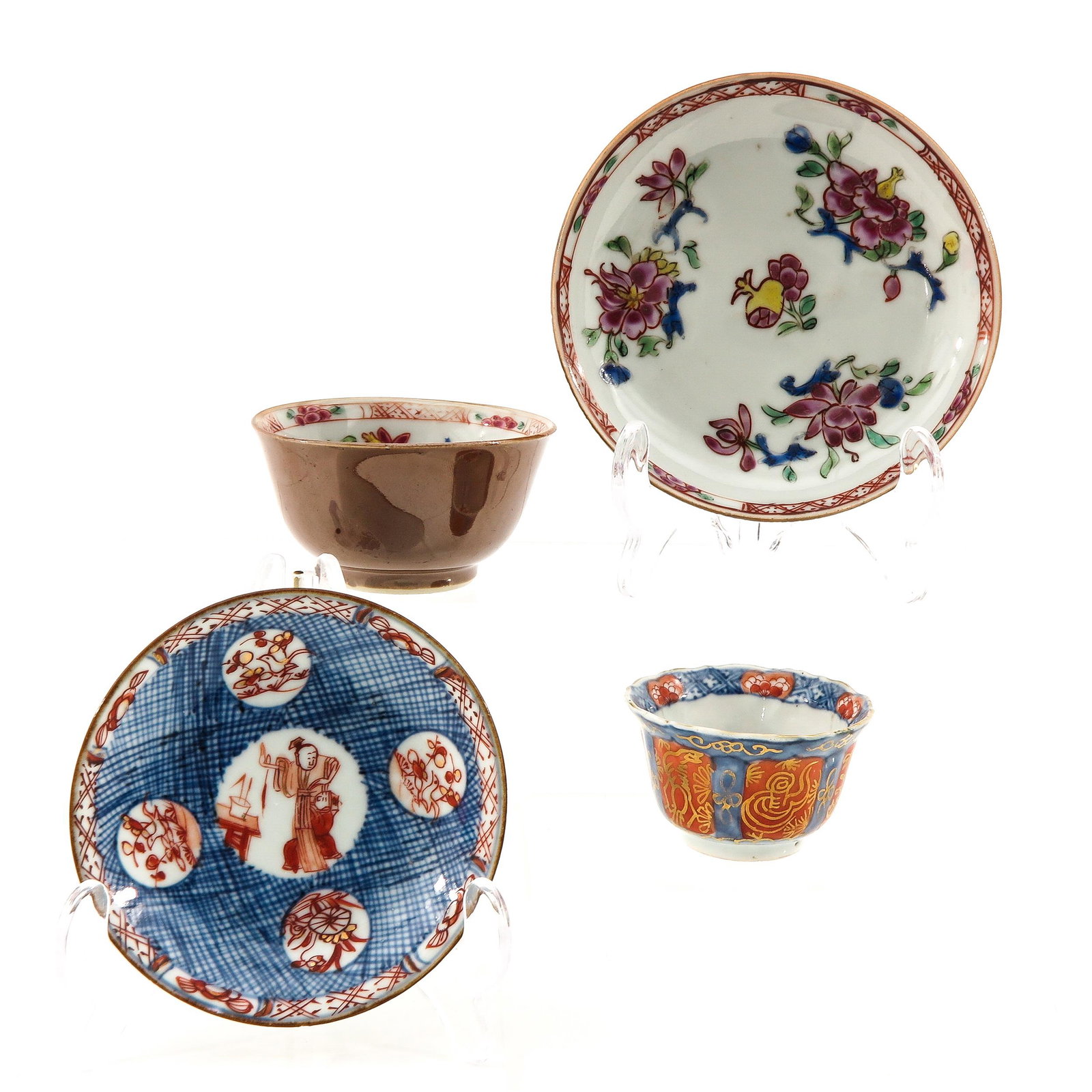 A Lot of 2 Cups and Saucers: Including Batavianware, largest saucer is 12 cm. in diameter.