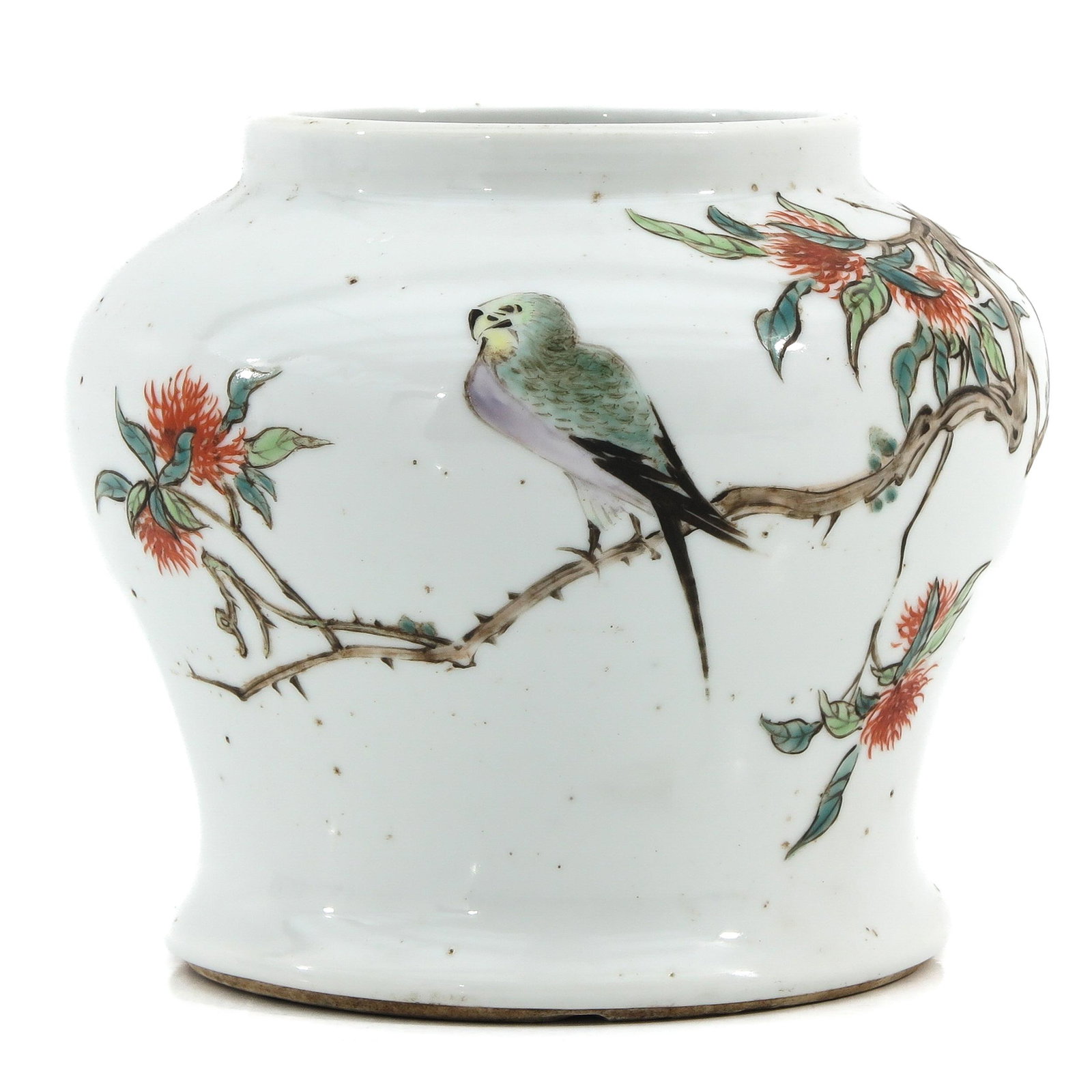 A Qianjiang Cai Decor Vase: 2 sides decorated with perched bird and Chinese text, 14 cm. tall.
