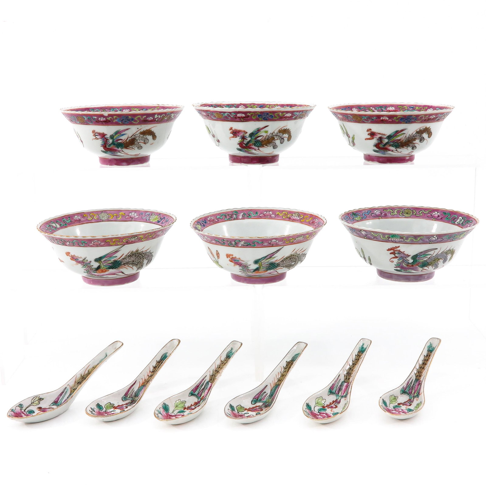 A Collection of 6 Bowls and Spoons: Famille Rose floral decor, bowls are 13 cm. in diameter, spoons are 13 cm. long.