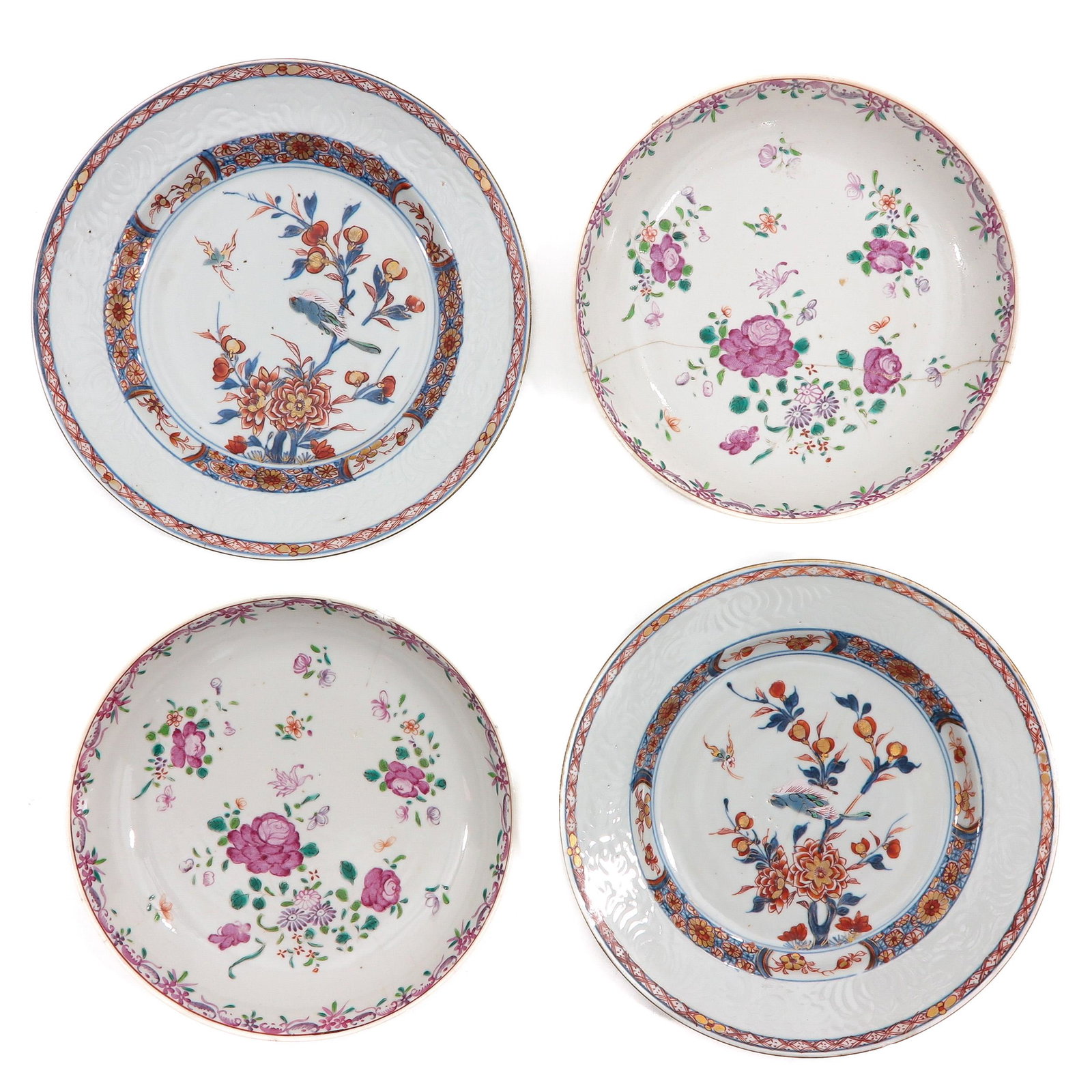 A Collection of 4 Plates: Including Famille Rose and Imari decors, 18th Century, largest plate is 22 cm. in diameter, in diverse conditions.