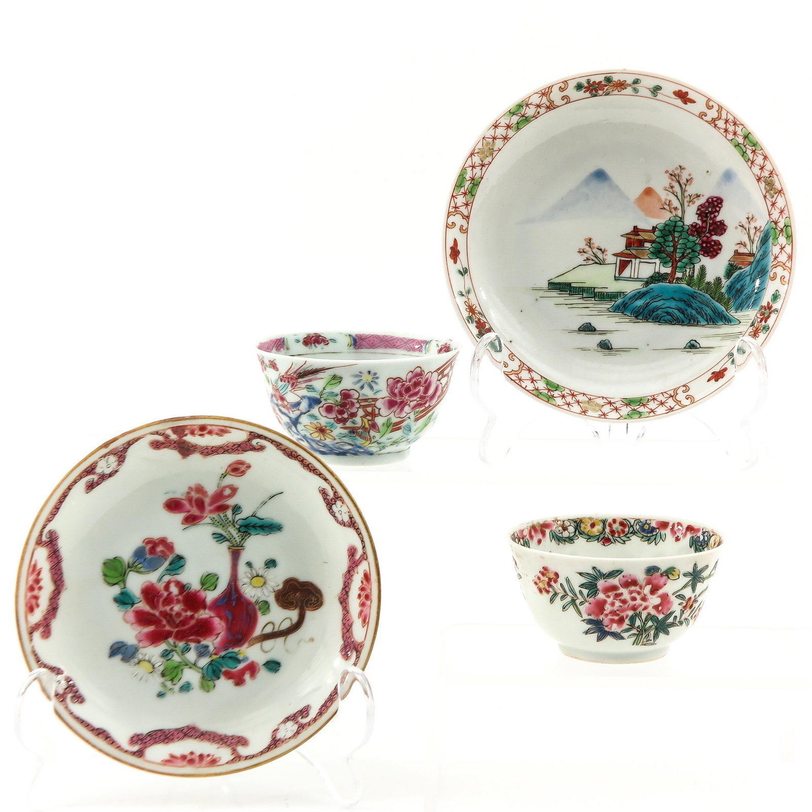 A Lot of 2 Famille Rose Cups and Saucers: Floral decor, saucers are 12 cm. in diameter, in diverse conditions.
