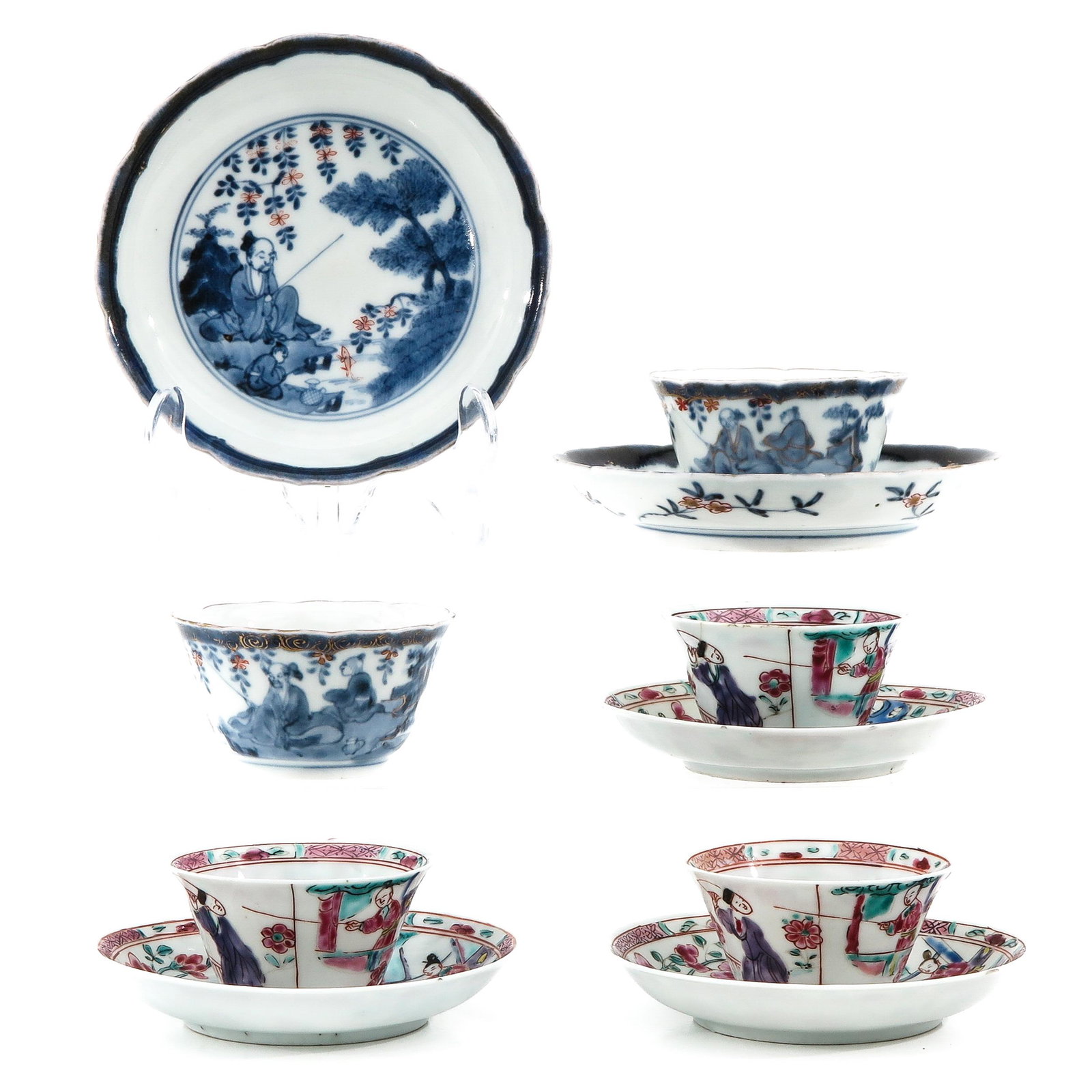 A Collection of Cups and Saucers: Including 5 cups and 5 saucers, in a variety of decors and sizes, largest saucer is 12 cm. in diameter, in diverse conditions.