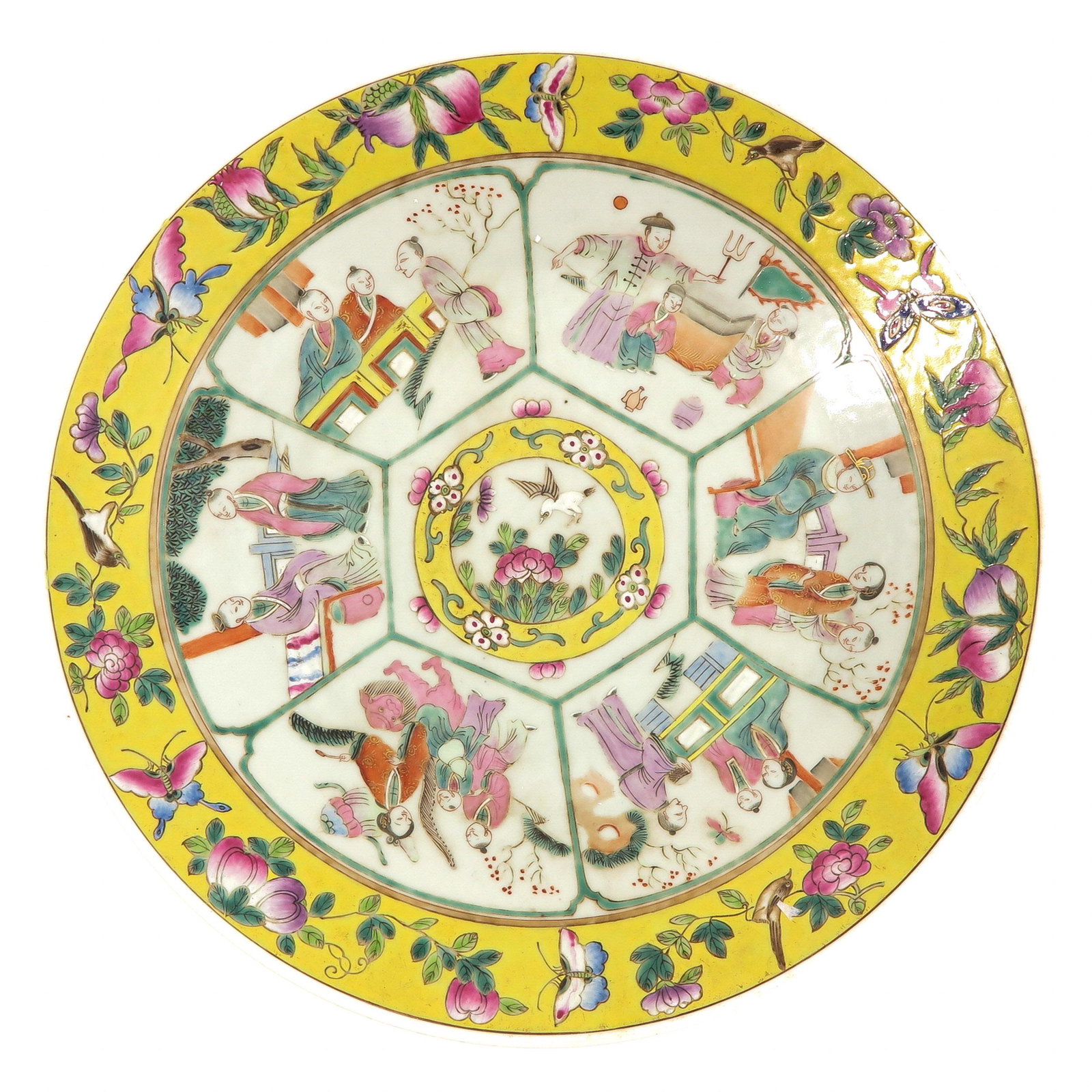 A Famille Rose Charger: Decorated with Chinese figures, yellow ground border with decor of butterflies and flowers, Tongzhi mark, 37 cm. in diameter.