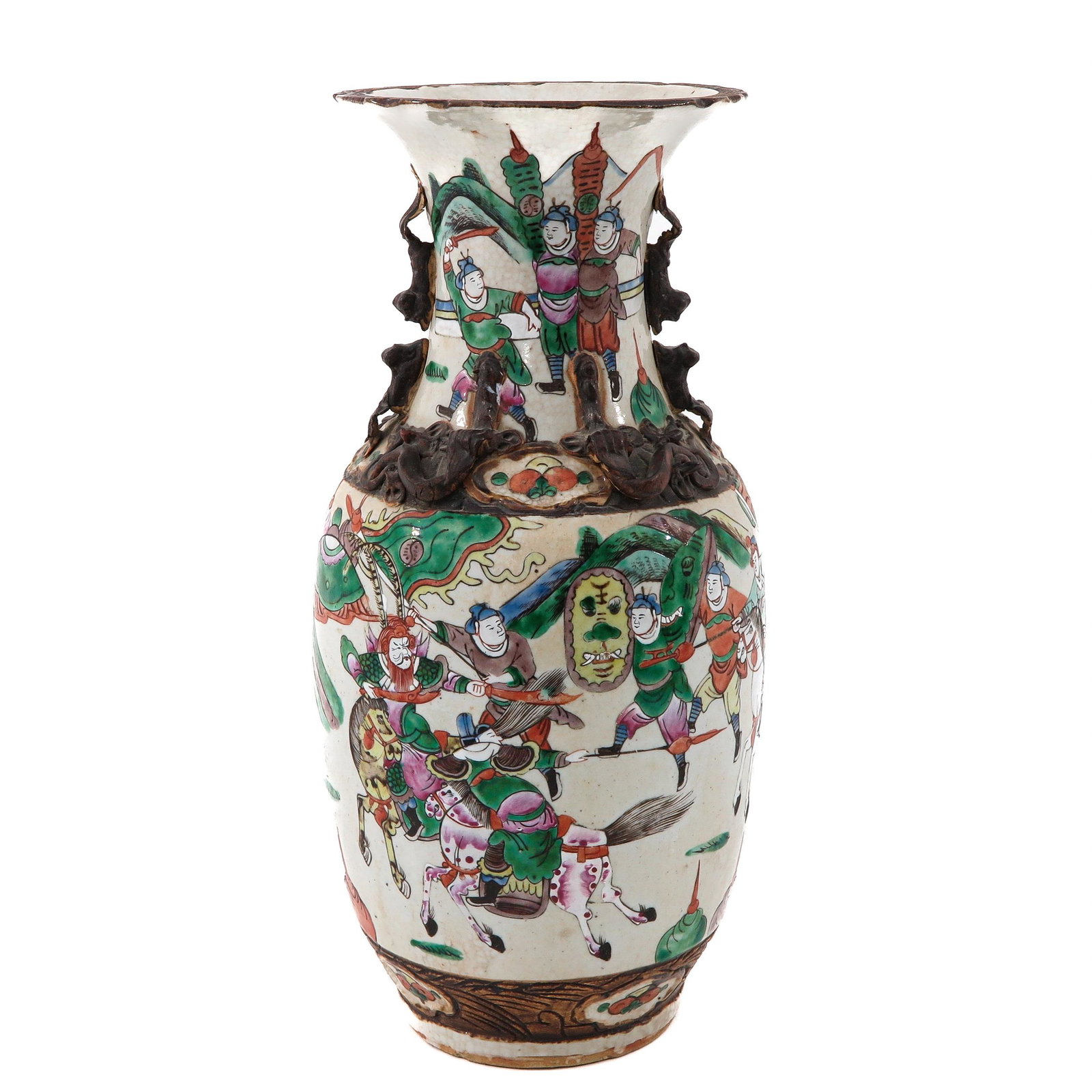 A Nanking Vase: Depicting warriors on horse, 44 cm. tall, chip.