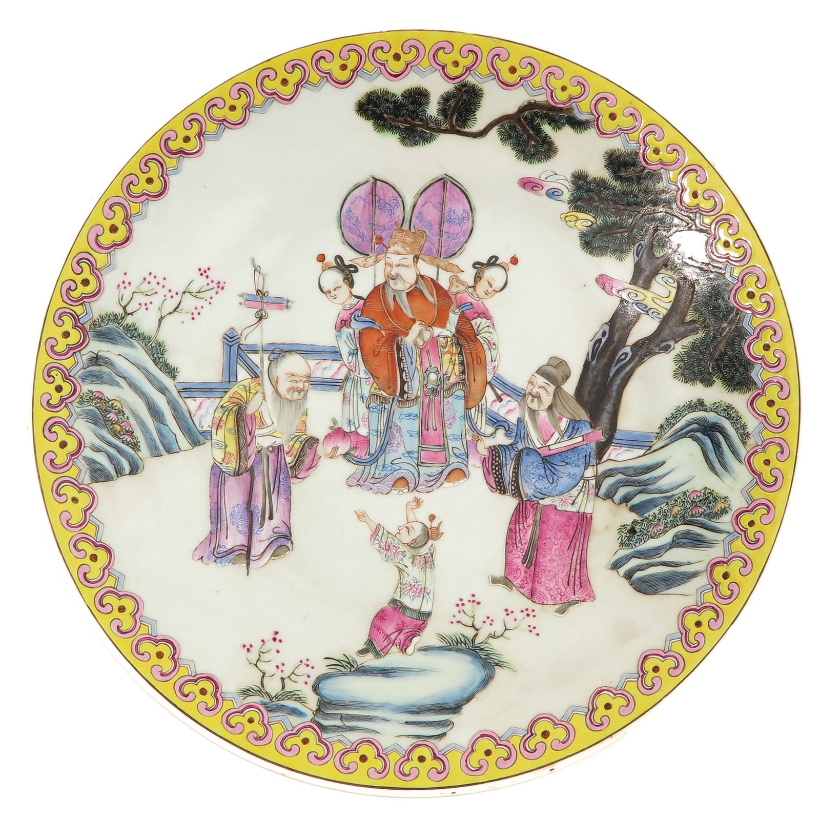 A Famille Rose Charger: Depicting gathering of Chinese figures in garden, Daoguang mark, 38 cm. in diameter.