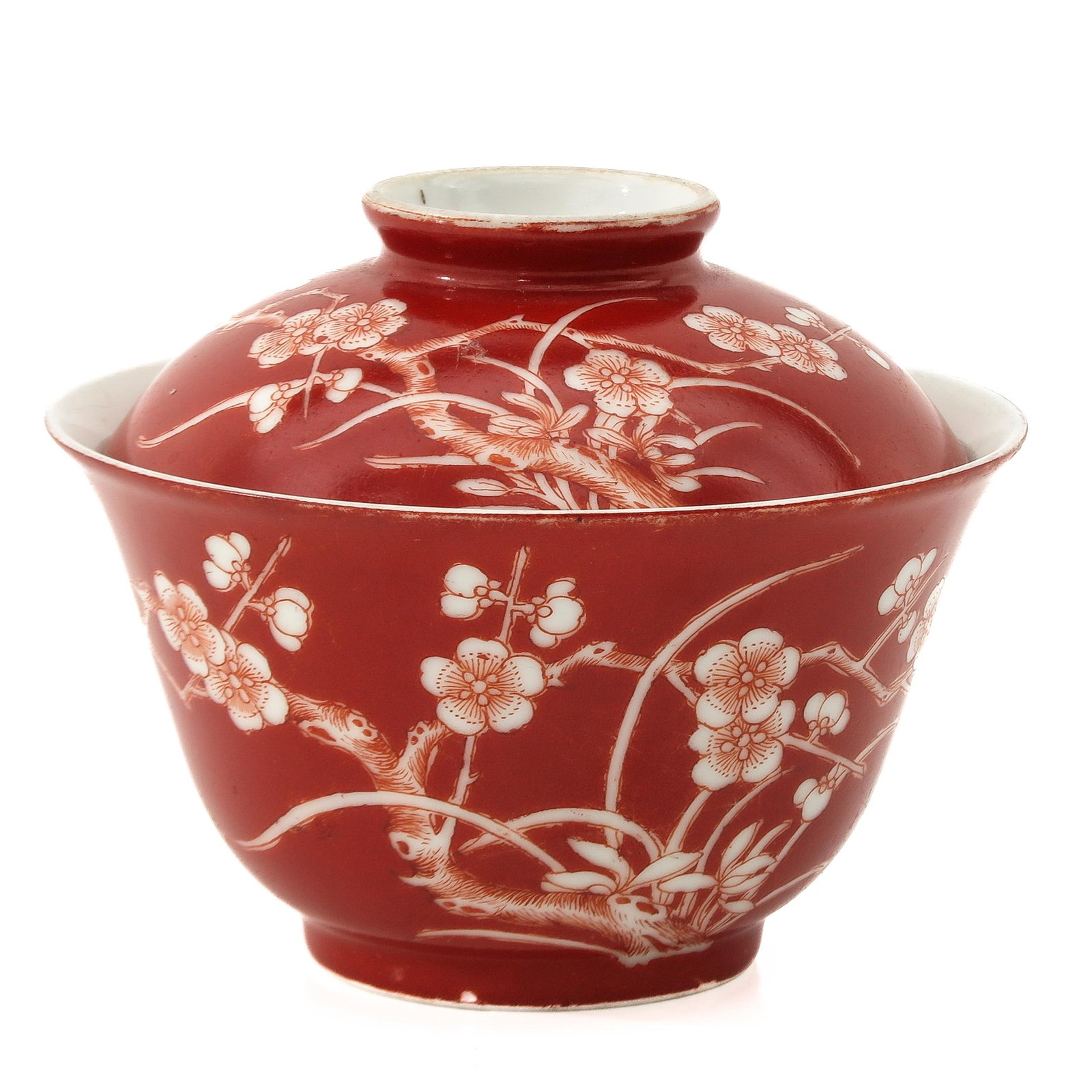 A Cup with Cover: Orange ground with white flower blossom decor, 11 cm. in diameter.
