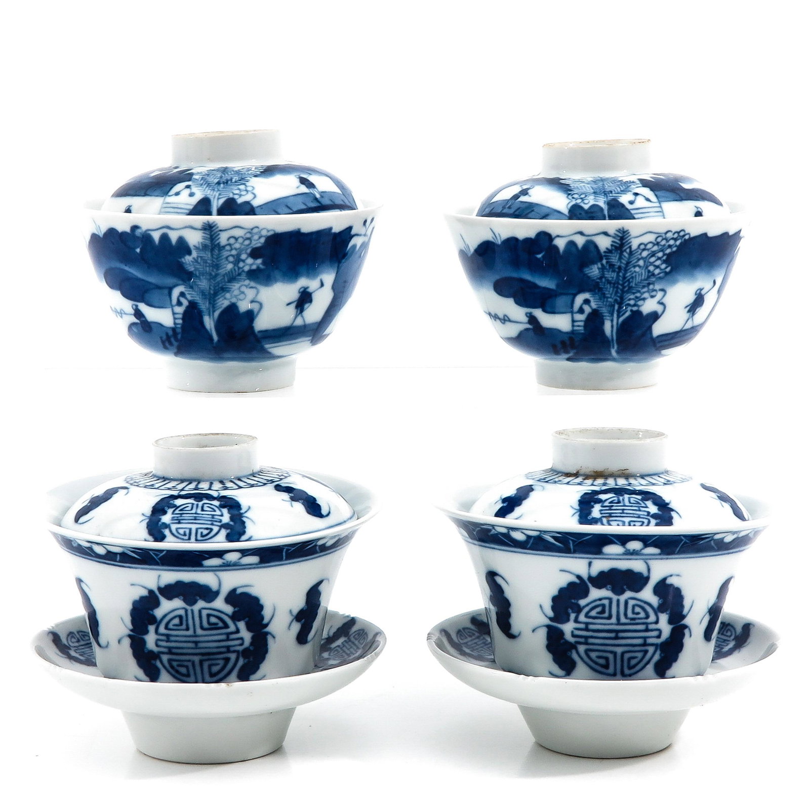A Collection of Cups with Covers: 10 pieces, in a variety of decors, cups measure 10 cm. and 11 cm. in diameter.