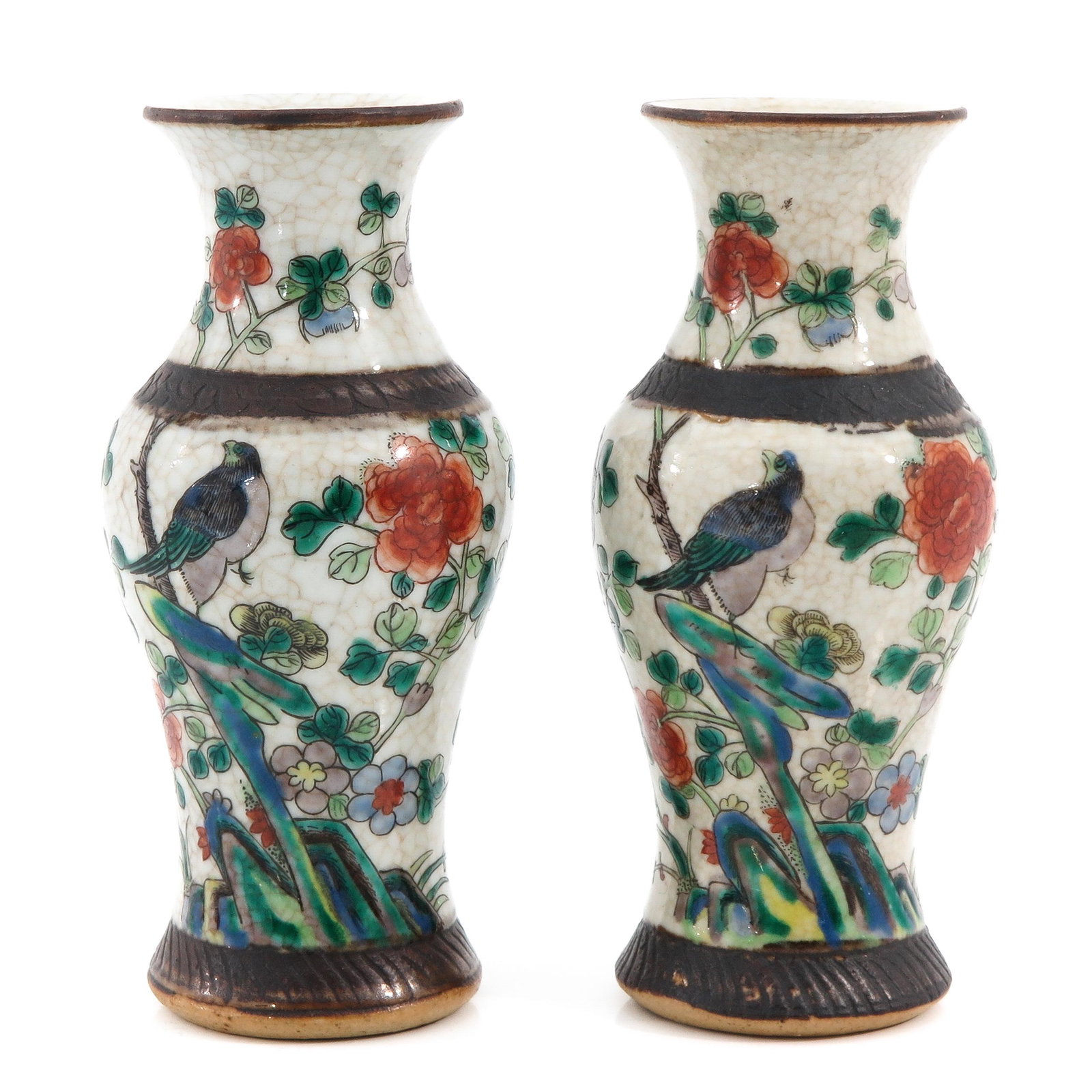 A Pair of Small Nanking Vases: Flower and bird decor, 20 cm. tall.