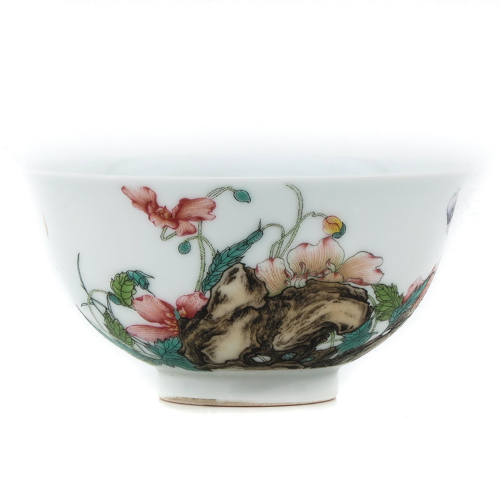 A Famille Rose Bowl: Depicting scene in garden with Chinese text, Qianlong mark, 12 cm. in diameter.