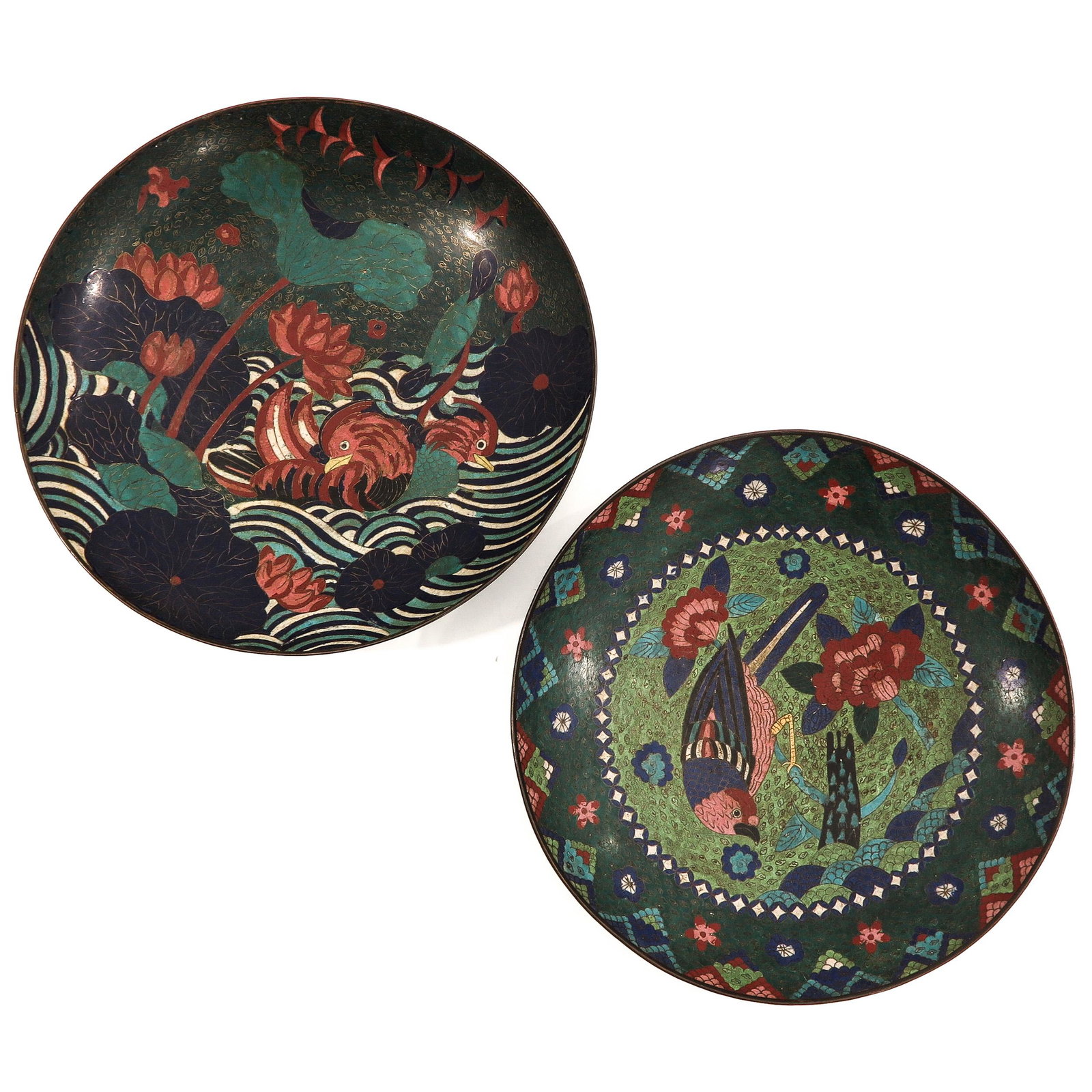 A Pair of Cloisonne Chargers: Decorated with flowers and bird, 36 cm. in diameter.