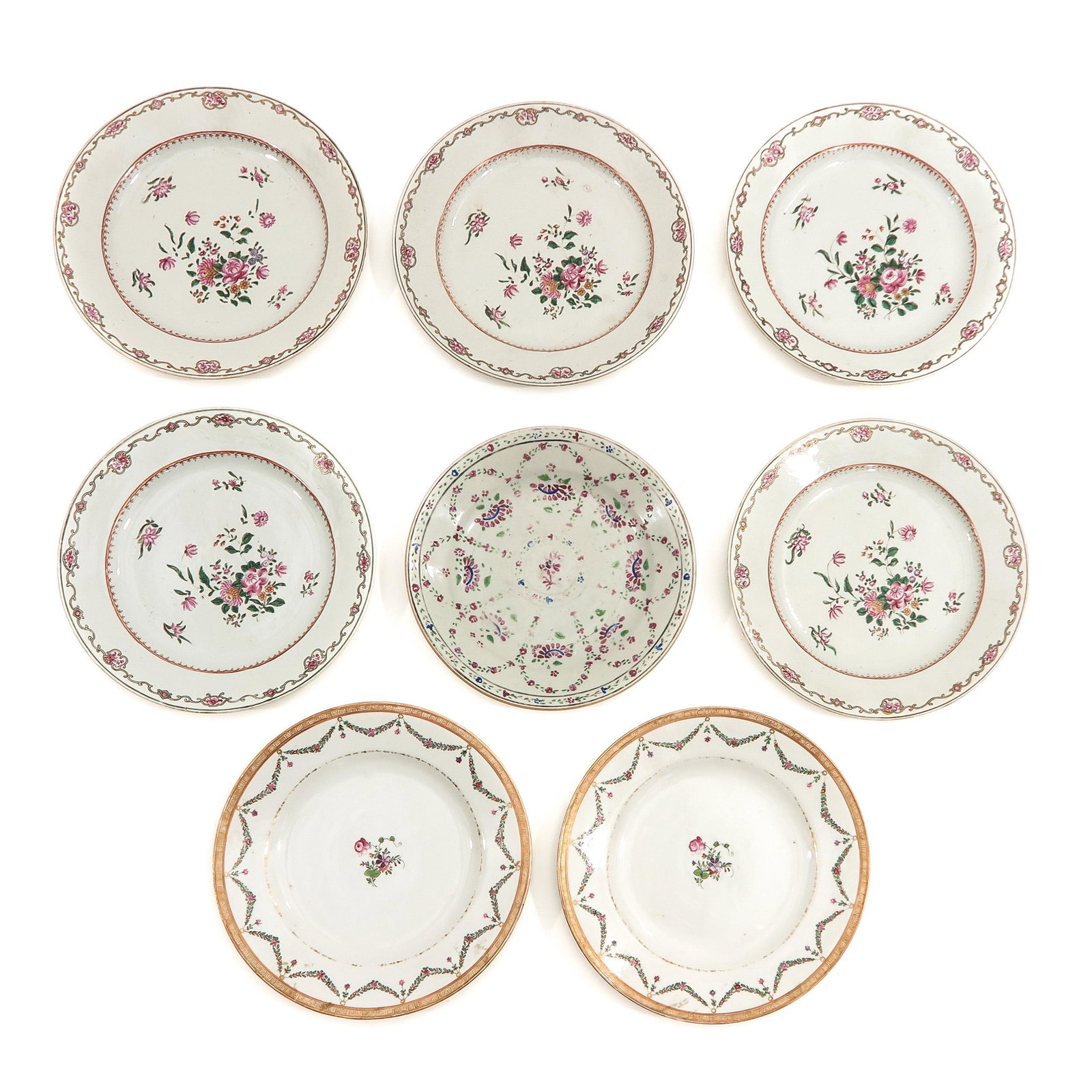 A Collection of 8 Plates: In a variety of decors and sizes, including 18th Century, largest plate is 23 cm. in diameter, chip and hairline.
