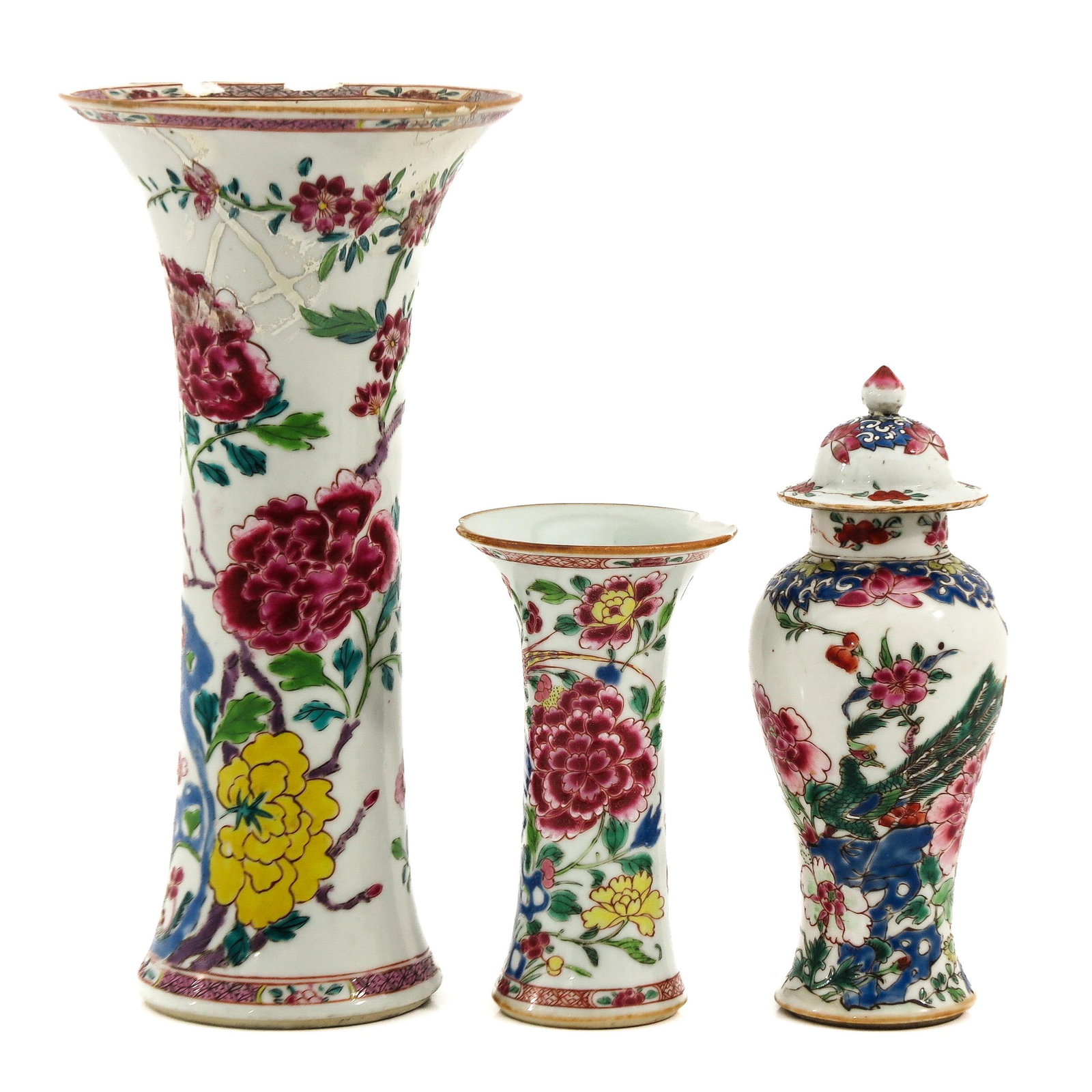 A Collection of Famille Rose Garniture Vases: Tallest vase is 25 cm., in diverse conditions.