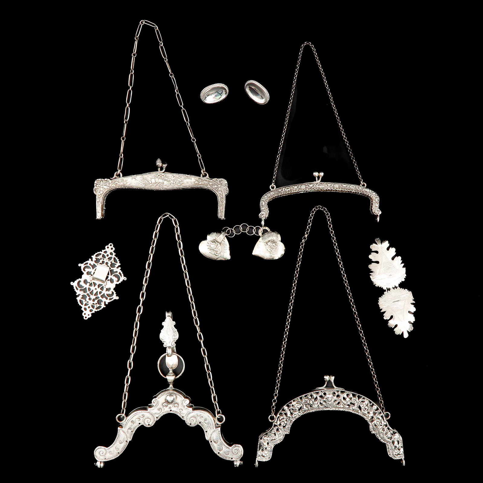 A Collection of Silver Clasp and Purse Frames: Including 18th Century, widest is 150 mm.