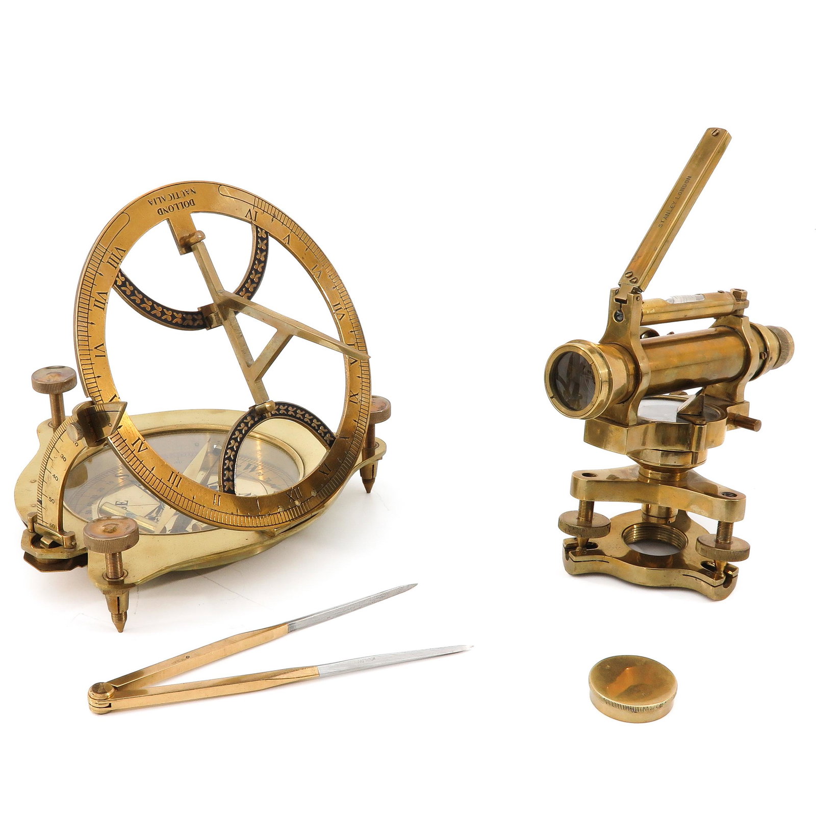 A Sun Dial and Measuring Instrument: Sun dial in case and measuring instrument Marked Stanley London, 17 cm. long.