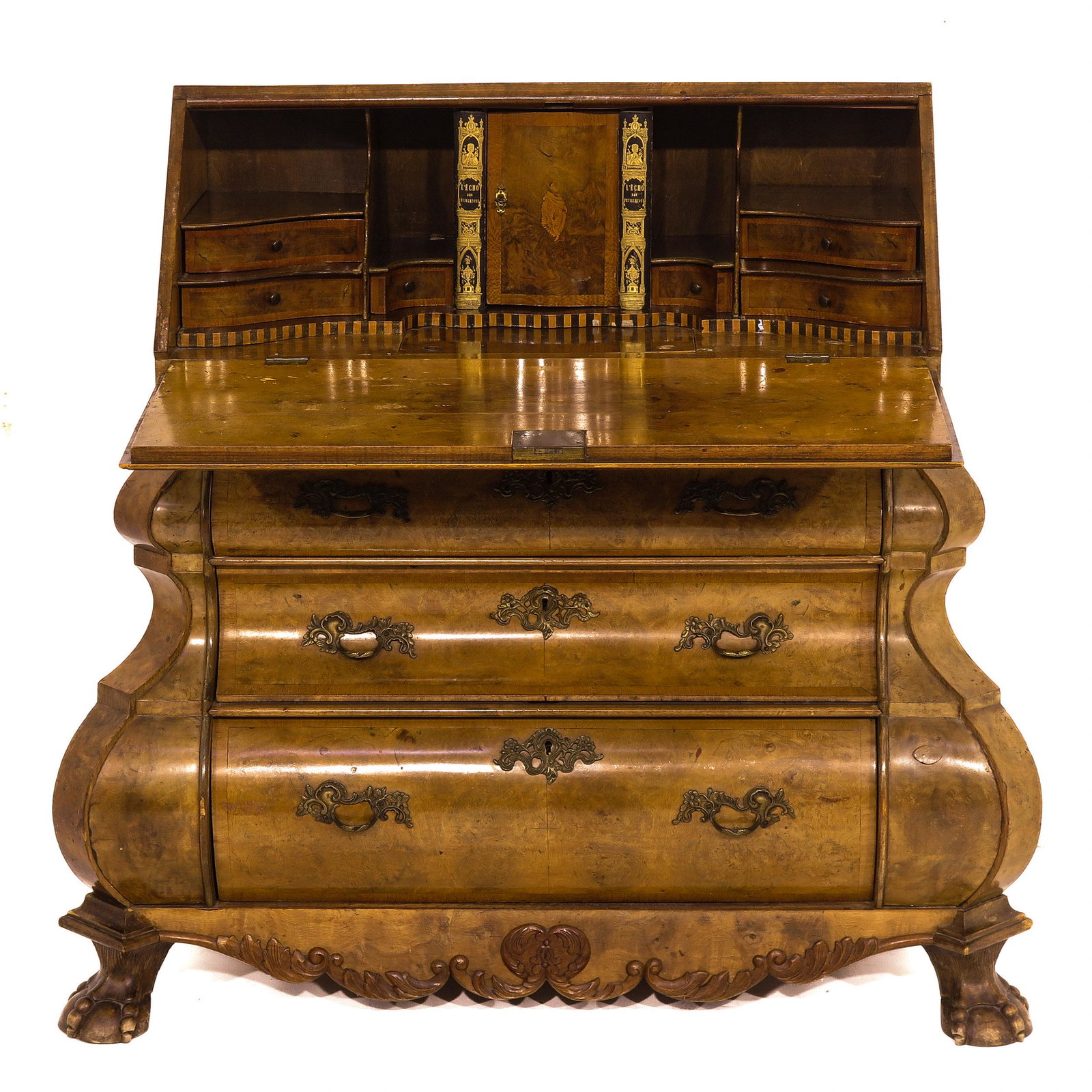 A Dutch Walnut Veneer Drop Down Desk: Serpintine drawers, 99 x 108 x 56 cm.