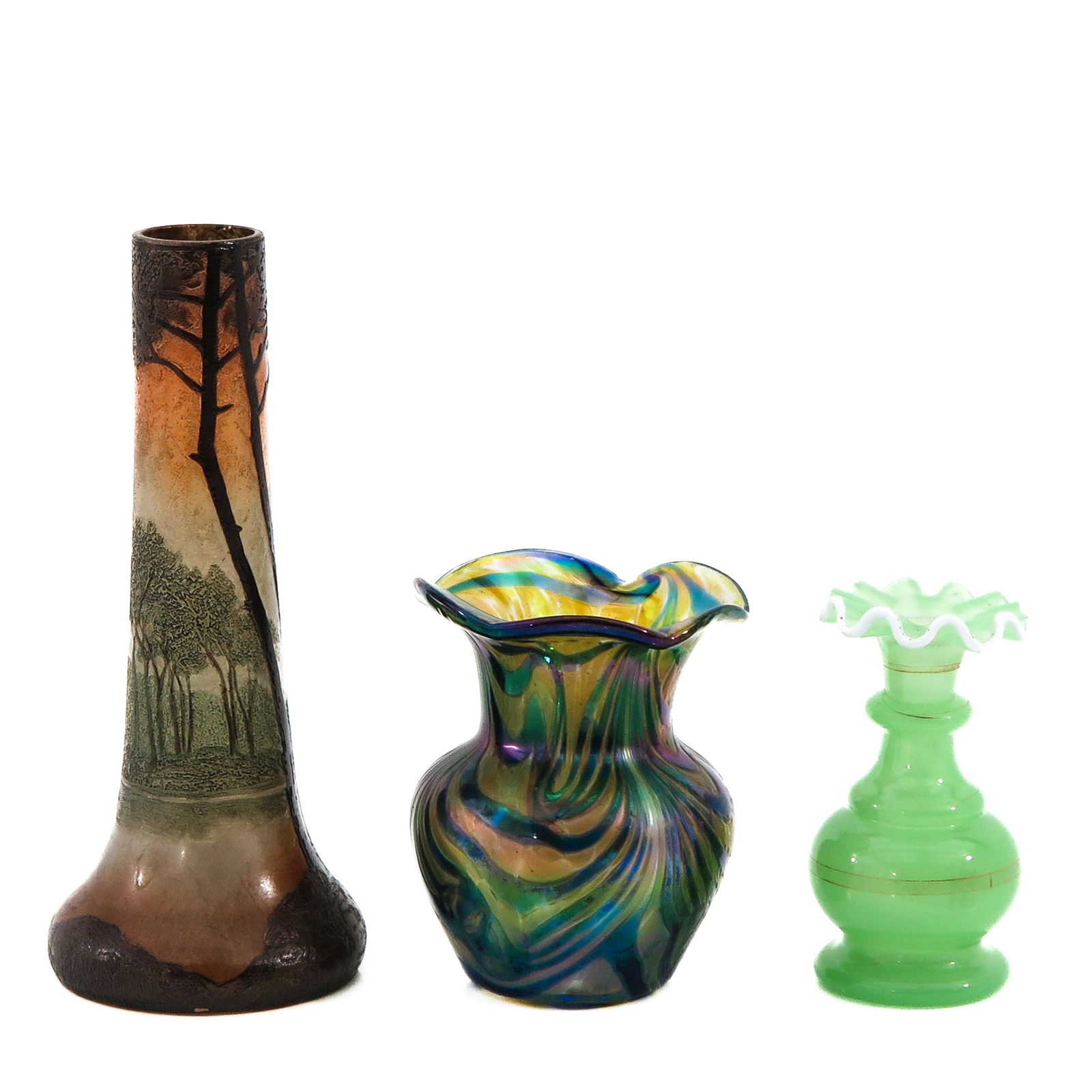 A Lot of 3 Pieces of Glass Work: Including Legras and Loetz, tallest piece is 16 cm.