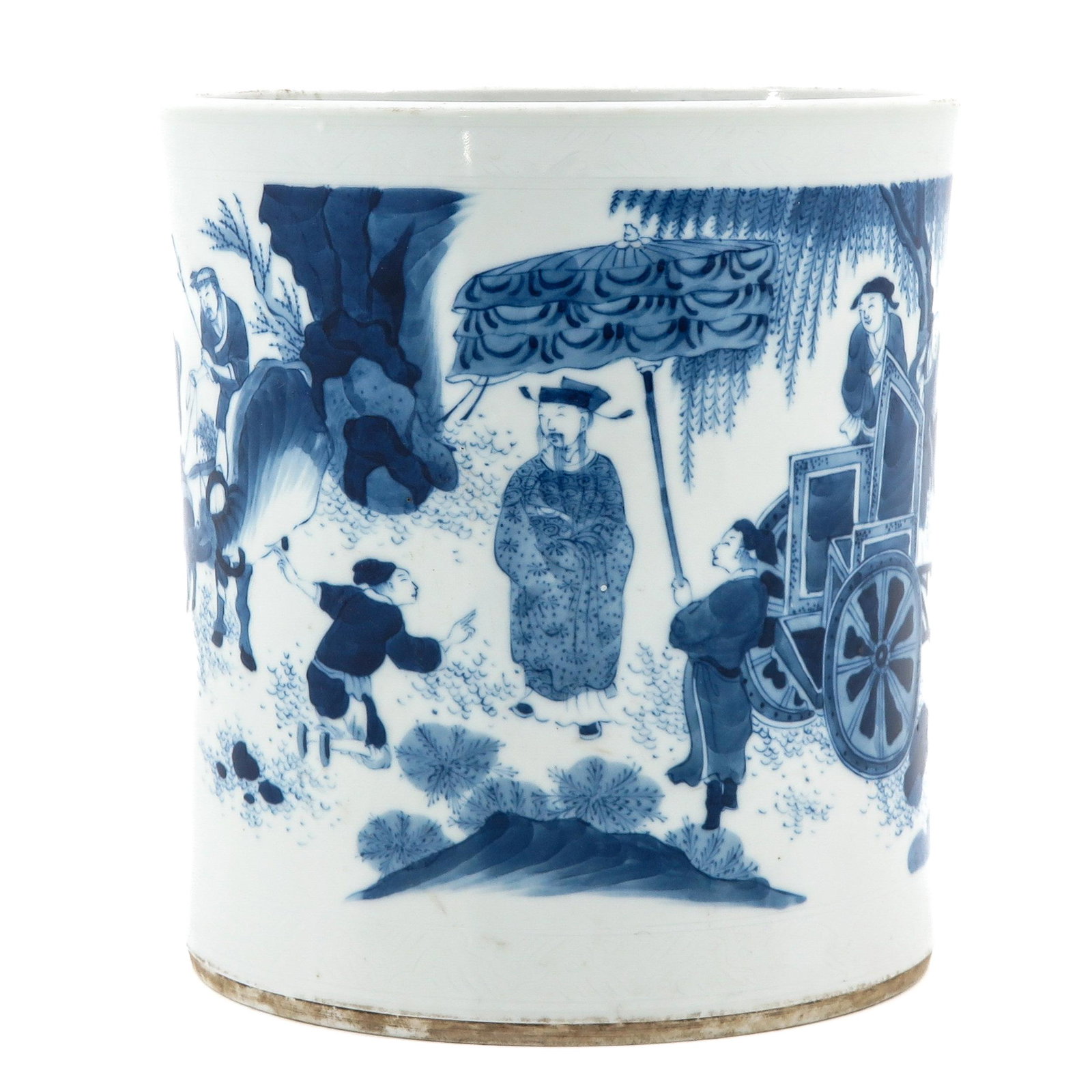 A Blue and Brush Pot: Depicting Chinese figures with animals, 20 cm. in diameter x 22 cm. tall.