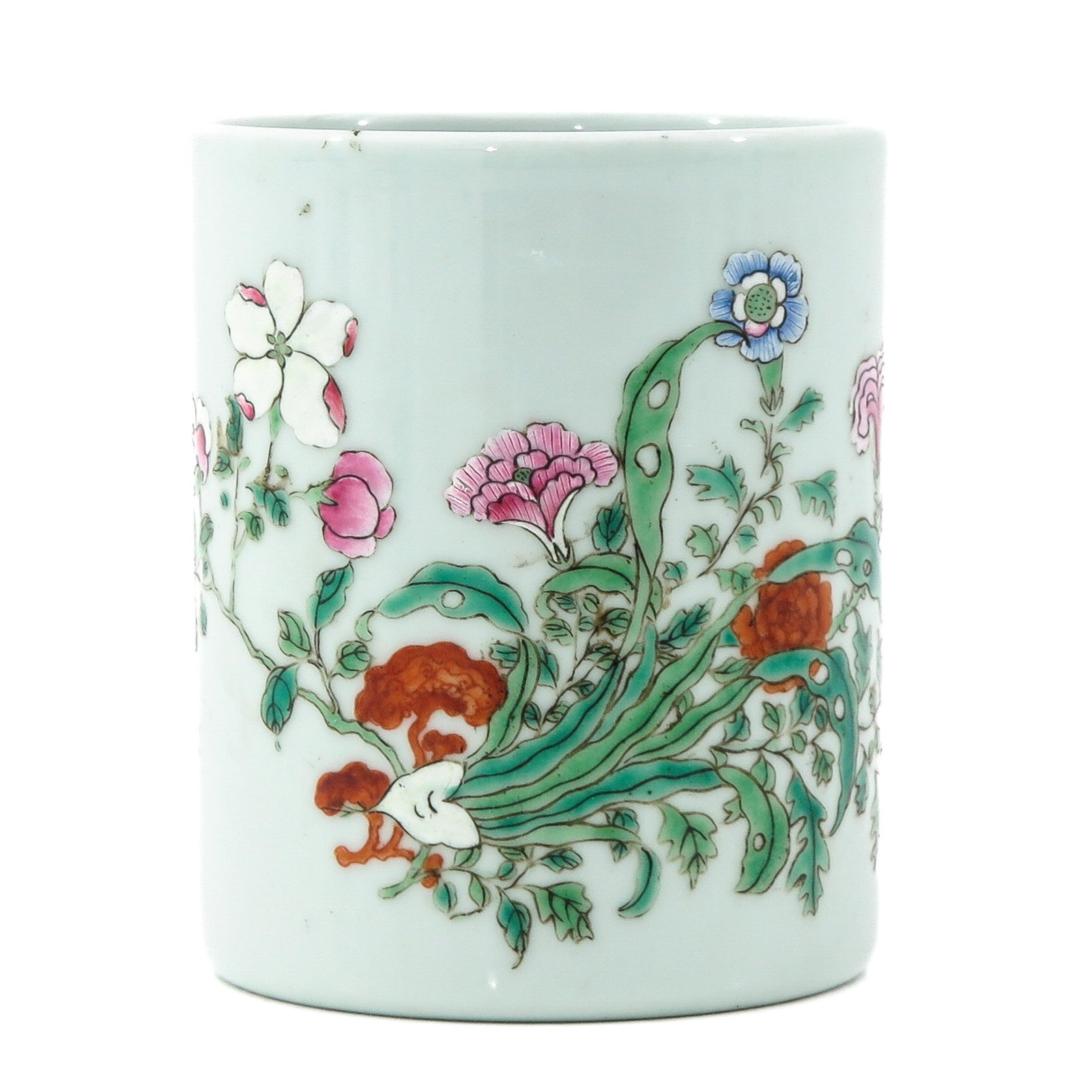 A Famille Rose Brush Pot: 10 cm. in diameter x 12 cm. tall.