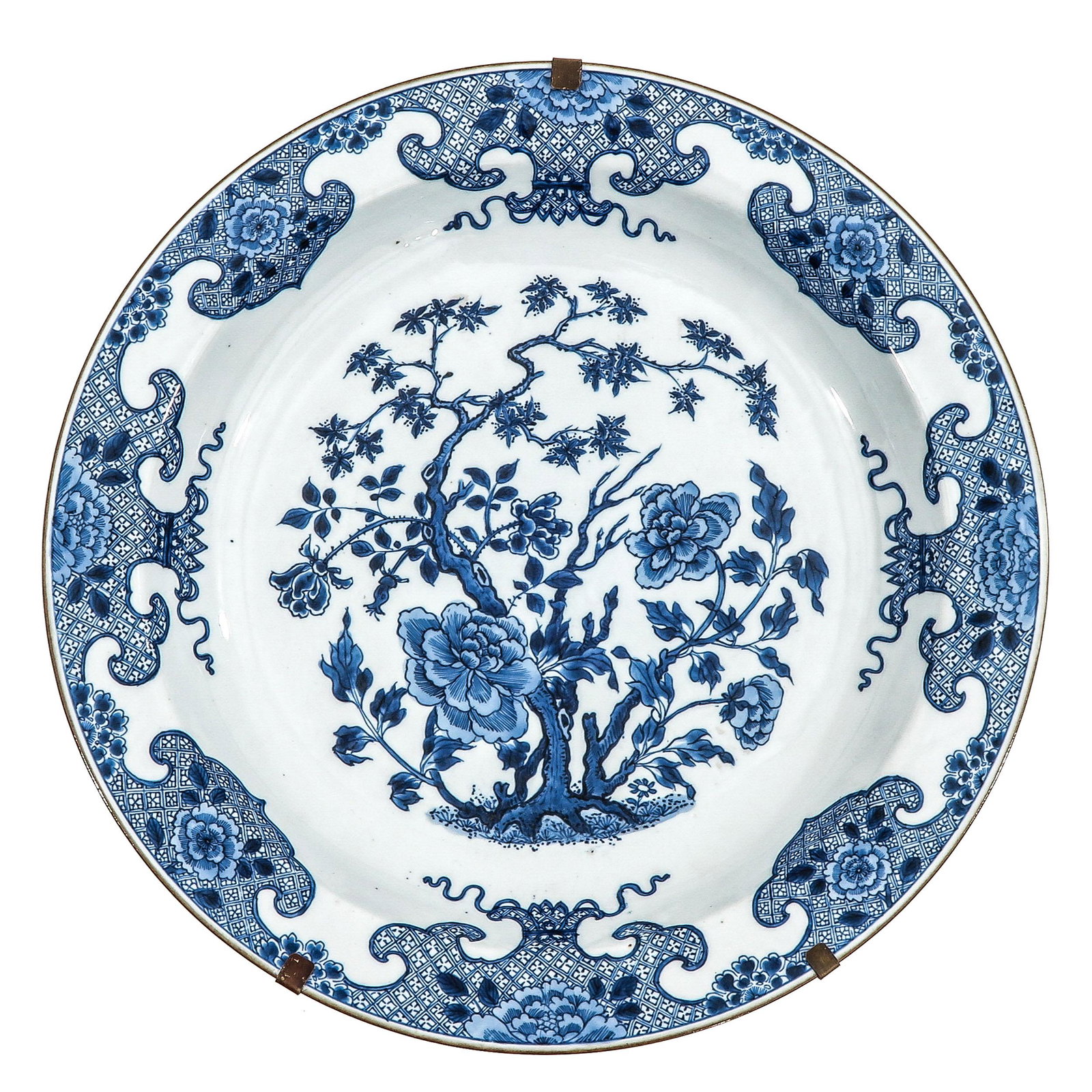 A Blue and White Charger: Depicting flowers in garden, 18th Century, 39 cm. in diameteter.