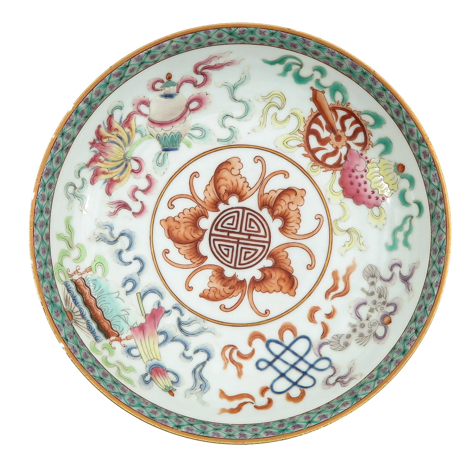 A Famille Rose Plate: Decorated with Buddhist symbols, Guangxu mark, 20 cm. in diameter.