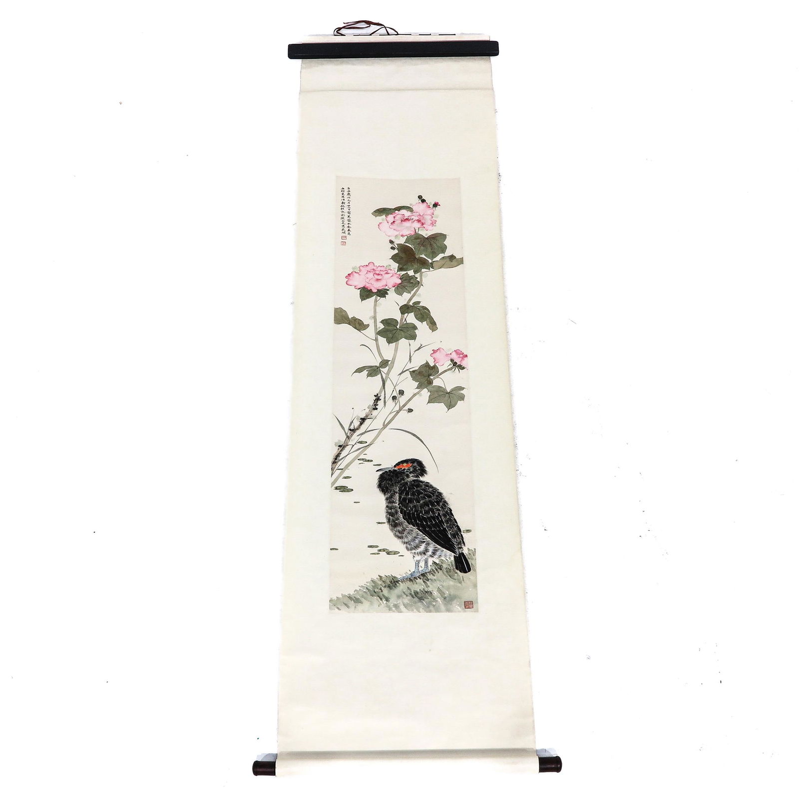 A Chinese Scroll: Decorated with flowers and birds, 64 x 222 cm.