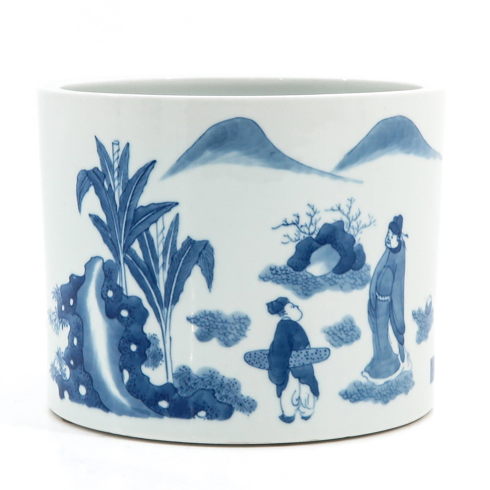 A Blue and White Brush Pot: Depicting Chinese figures and Chinese text, 20 cm. in diameter x 16 cm. tall.