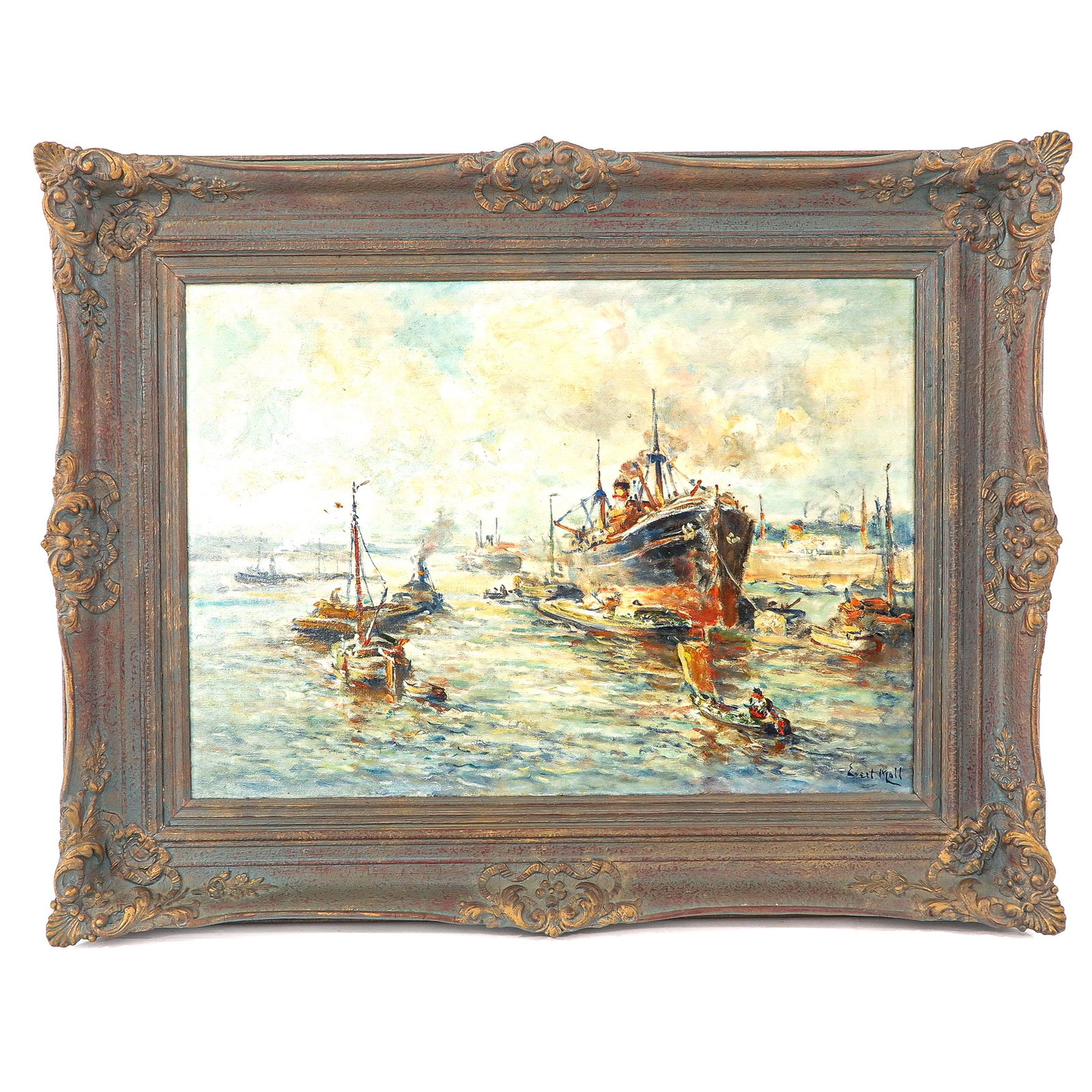 An Oil on Canvas Signed Evert Moll: Depicting Rotterdam harbor, 70 x 50 cm.