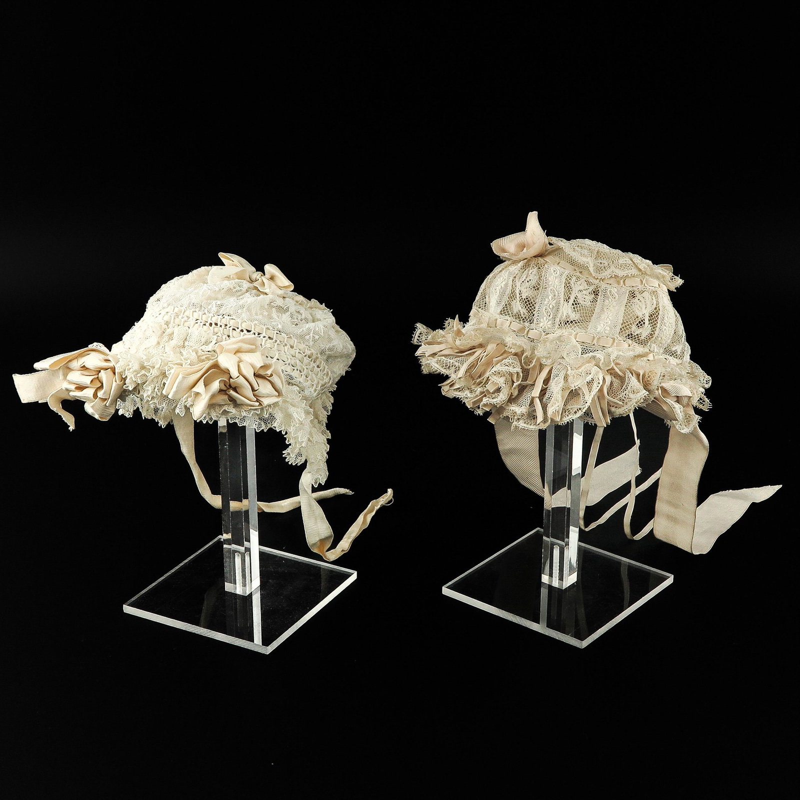 A Lot of 2 Lace Baptism Bonnets: France, 19th Century.